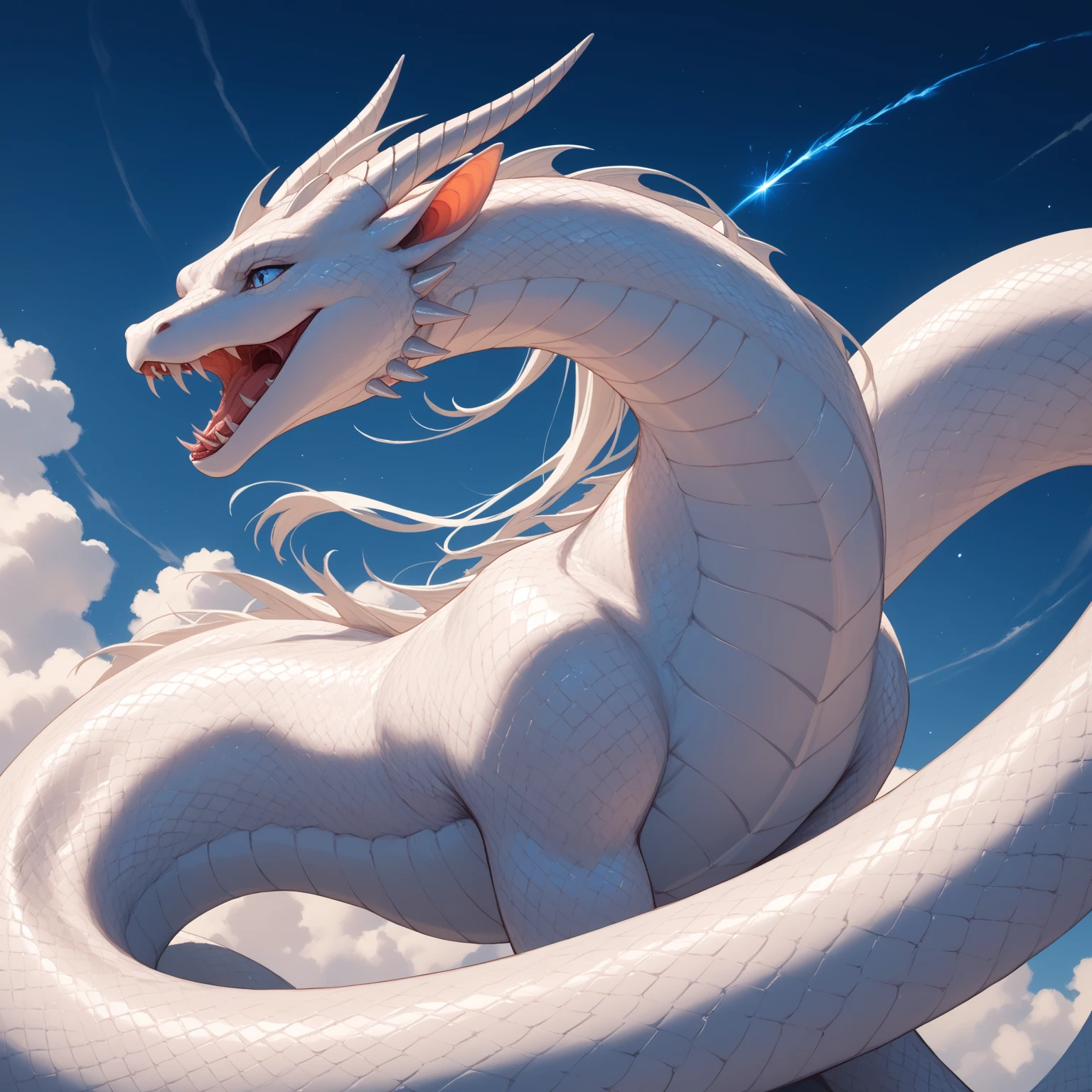 (tmasterpiece), (Best quality at best), Cinematic quality,Rendered by Octane,Ultra-detailed details,Cloud dragon composed of white clouds,Huge Chinese dragon,Slender dragon body,body of revolution,Dragon tail,Dragon's Horn,dragon claw,