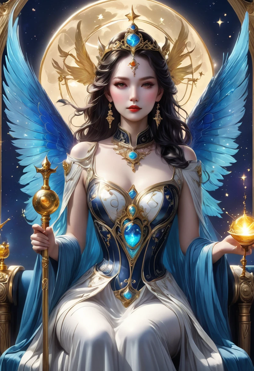  tarot cards , （ best image quality）， in the seat，Queen style 、（ full female love）， holding a scepter in one hand ，（ perfect body），（PERFECT EXPRESS ），青いstar空，star（Sparkling），clothing（Sparkling），（ Masterpiece），（ 8k wallpaper），myth，  fantasy theme，