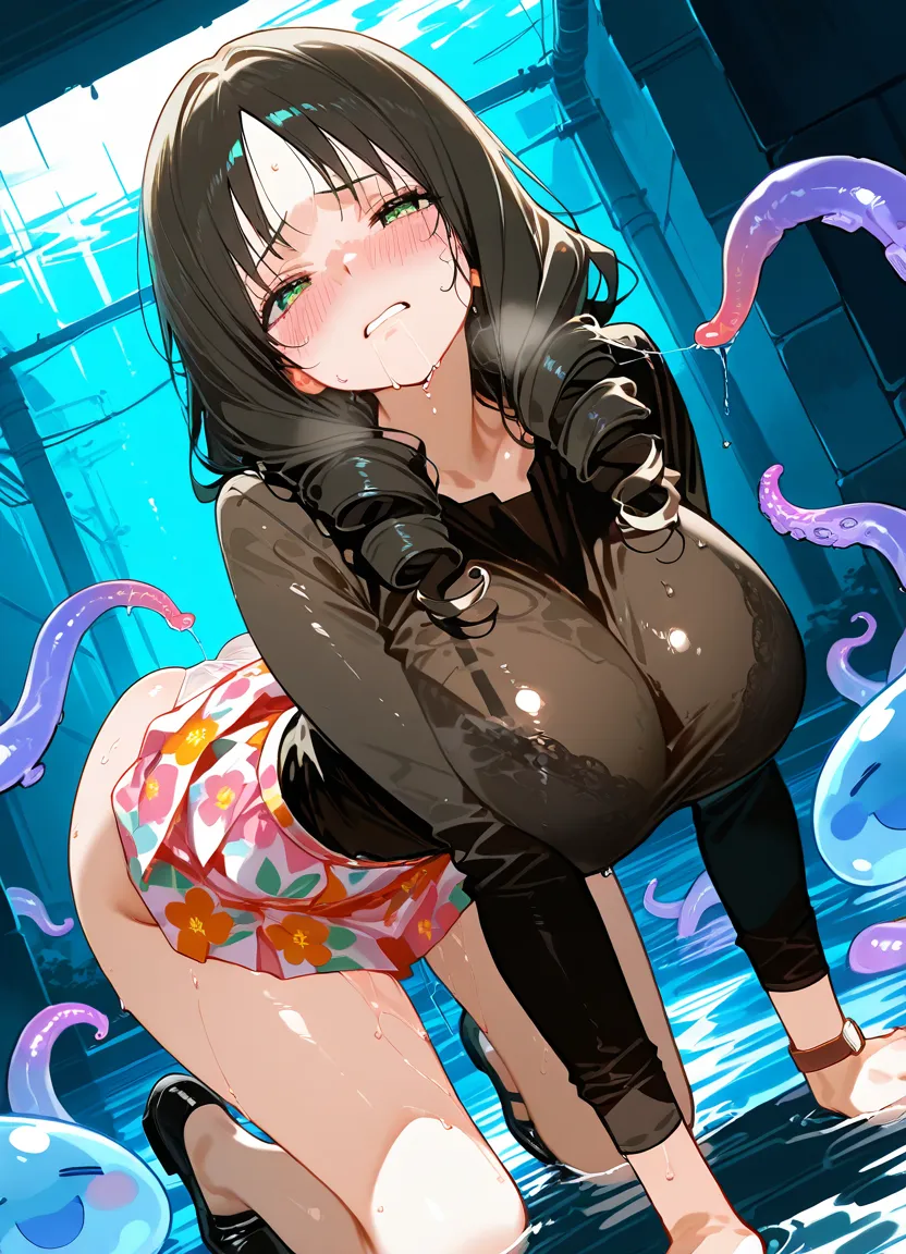 Naked black hair bob cut woman, amazing big tits and cat ears, Blushing, embarassed expression, Opening Mouth, red eyes and eyebrows, great amount of tentacles, Entangled tentacles, Mass sweat, glossy skin, Inner Stock, Looking from above, Strongly emphasizes the chest and face, Leaning forward, stretching arms upwards