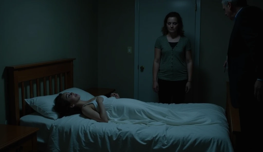A man dressed casually, He enters his wife's room, a beautiful young blonde european woman, and notices that she is lying face down on the ground and oil is coming out of her mouth, When he turns around there is another woman identical to his wife standing motionless at the door. ,Hyper-realistic image quality