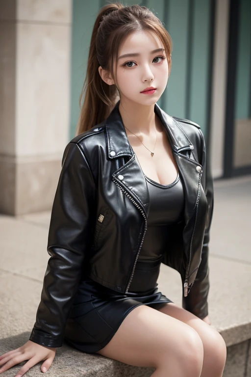 1 girl, alone, Face, portrait, long hair, ponytail, blond, Green eyes, Large Breasts, (black leather jacket:1.2) , Cleavage, School, Face紅, looking at the audience,