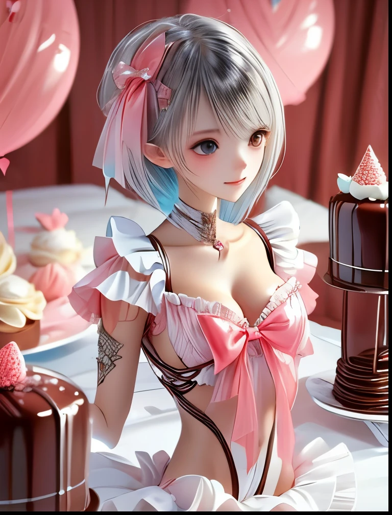 (((SFW、Accuracy、Highest quality、 A first-class masterpiece 、 Normal body 、32K、 detailed face 、 super precision 、 Normal Hands 、5 fingers、Highest、3d)))、" BLUEREFLECTION"、Hinako Shirai、 hinako、Silver-white hair、 bob cut、Heterochromia(Blue and Black)、 Odd Eye(Blue and Black)、Transformation Magical Girl、Reflector、 short、Big Breasts、 slender、 slim、Half naked、Muscle Exposure、Navel exposed、Wrapping Ribbon、ribbon underwear、Ribbon Bondage、Naked Ribbon、 Valentine's Day Chocolate、 presents are for me 、Stretch your arms out in front of you、 present box、 Chocolate Decorate Yourself、Body Decorations 、Whole-body chocolate、 bedroom、happy, ashamed, blushing, smiling、Woman on a plate、Lots of sweat that eats me 、Bound Gift in Box、My whole body is covered in chocolate、Offer yourself with chocolate on the bed