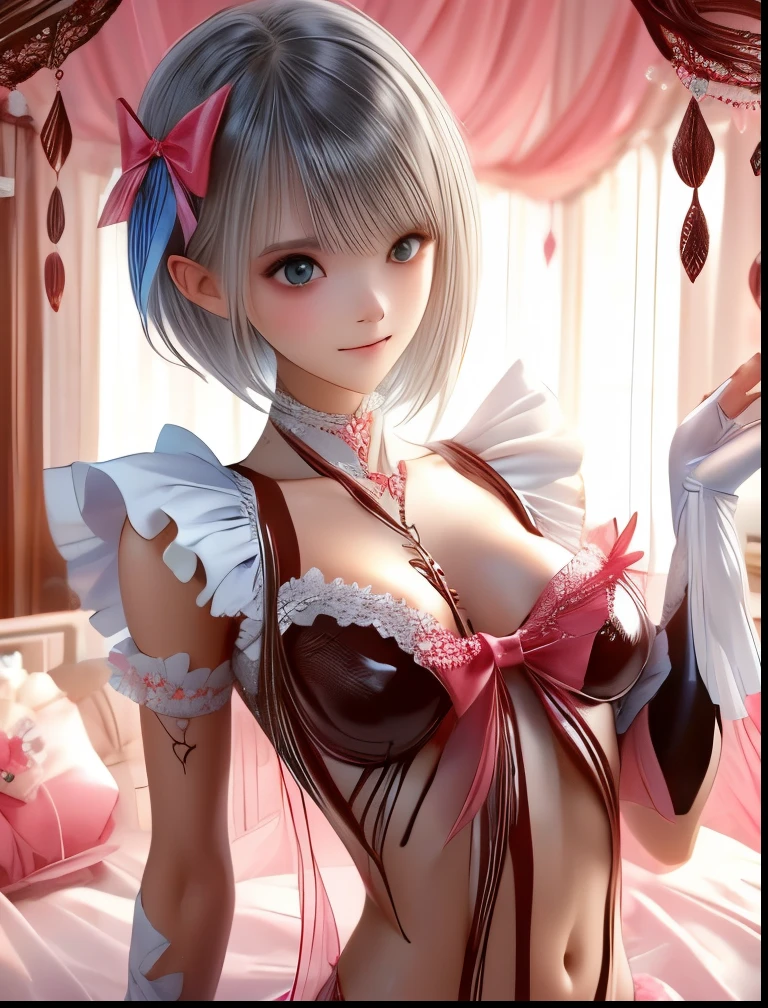 （（（ＳＦＷ、Accuracy、Highest quality、 A first-class masterpiece 、 Normal body 、32K、   detailed face 、 super precision 、   Normal Hands 、5 fingers、Highest、3d）））、" BLUEREFLECTION"、Hinako Shirai、 hinako、Silver-white hair、 bob cut、Heterochromia（Blue and Black）、 Odd Eye（Blue and Black）、Transformation Magical Girl、Reflector、 short、Big Breasts、 slender、 slim、Half naked、Muscle Exposure、Navel exposed、Wrapping Ribbon、ribbon underwear、Ribbon Bondage、Naked Ribbon、 Valentine's Day Chocolate、 presents are for me 、Stretch your arms out in front of you、 present box、 Chocolate Decorate Yourself、Body Decorations 、Whole-body chocolate、 bedroom、happy, ashamed, blushing, smiling、Woman on a plate、Lots of sweat that eats me 、Bound Gift in Box、My whole body is covered in chocolate、Offer yourself with chocolate on the bed
