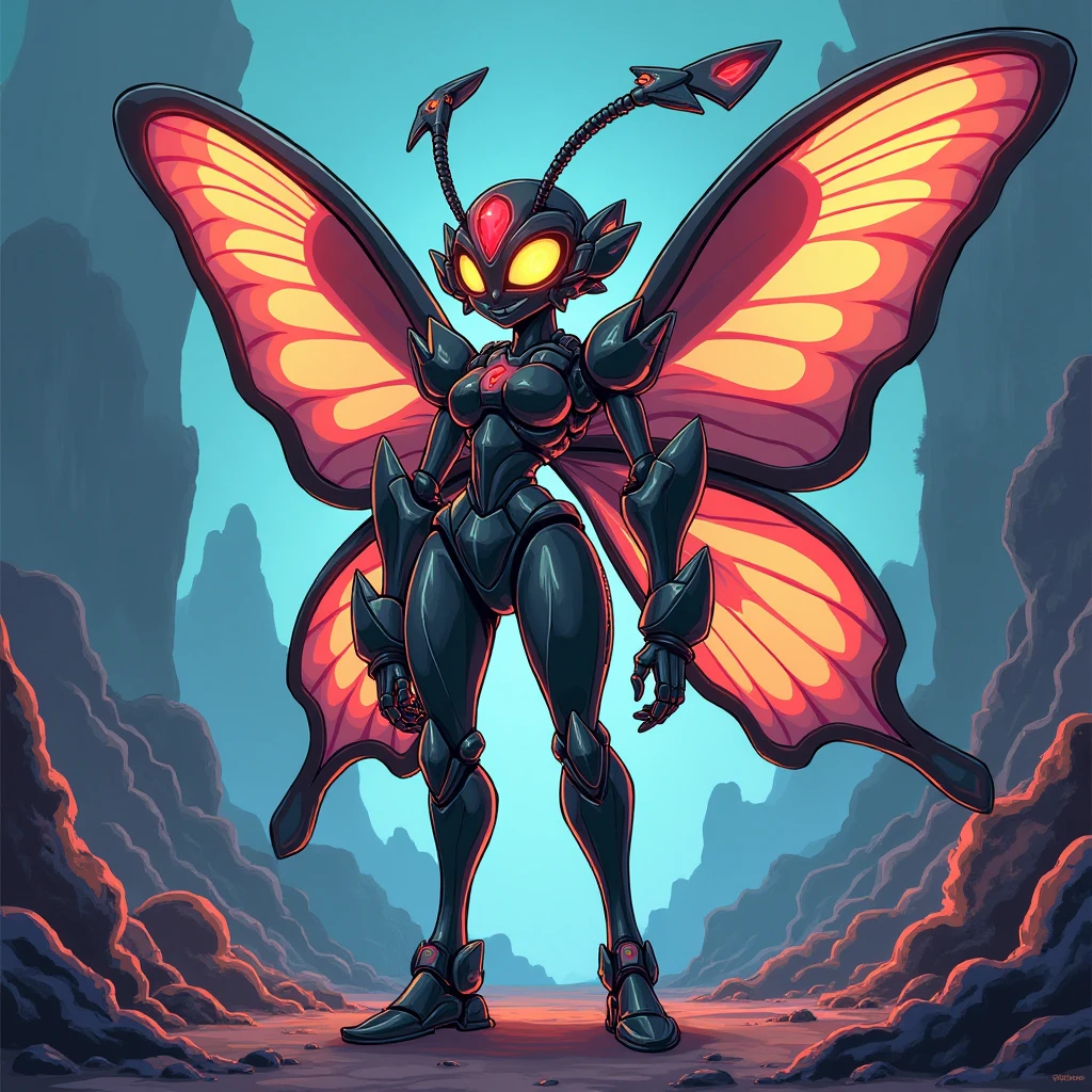 Hot insect shell woman, Guyver style, evil smile, scaraber reploid, bellows tail, cel shade adult animation, alien queen, metroid suit
