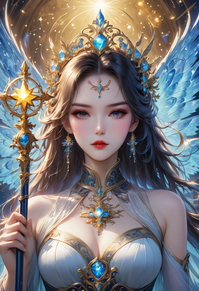( best image quality), in the seat,Queen style 、Goddess Style、( full female love), holding a scepter in one hand ,( perfect body),(PERFECT EXPRESS ),青いstar空,star(Sparkling),clothing(Sparkling),( Masterpiece),( 8k wallpaper),myth, fantasy theme, Fantasy Art、