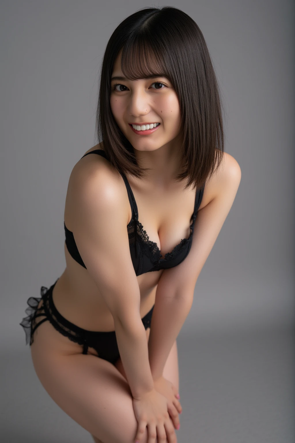 (8K、RAW Photos、Highest quality、masterpiece:1.2)、(Realistic、Realistic)、1 Girl、((black brazilian bikini、Micro Bikini Swimsuit、High leg shorts、Large Breasts、View from the front、Spread your legs、Stick out your crotch))、Lots of eyelashes、Glowing eyelids、skeletally correct