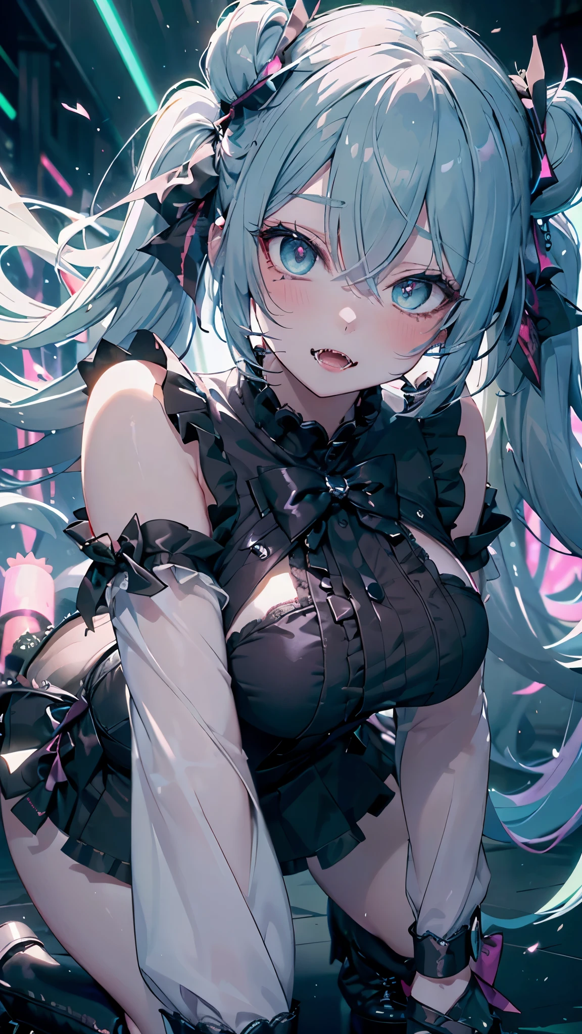 (Masterpiece,best composition,moody lighting,Best Quality,ultra-detail,Best Shadows,Rim lighting,Perfect composition),(portrait:1.5),Hatsune Miku,dangerous vampire,adult sexy body,light blue twin tails hair,shy smile,(((lips open wide and bare huge Fangs))),pink and black color gothic dress fashion,very delicate details jirai-kei fashion,black platform high-boots,beautiful long legs,tits,(((Attacking Pose))),in the big city at midnight,a lot of neon lights