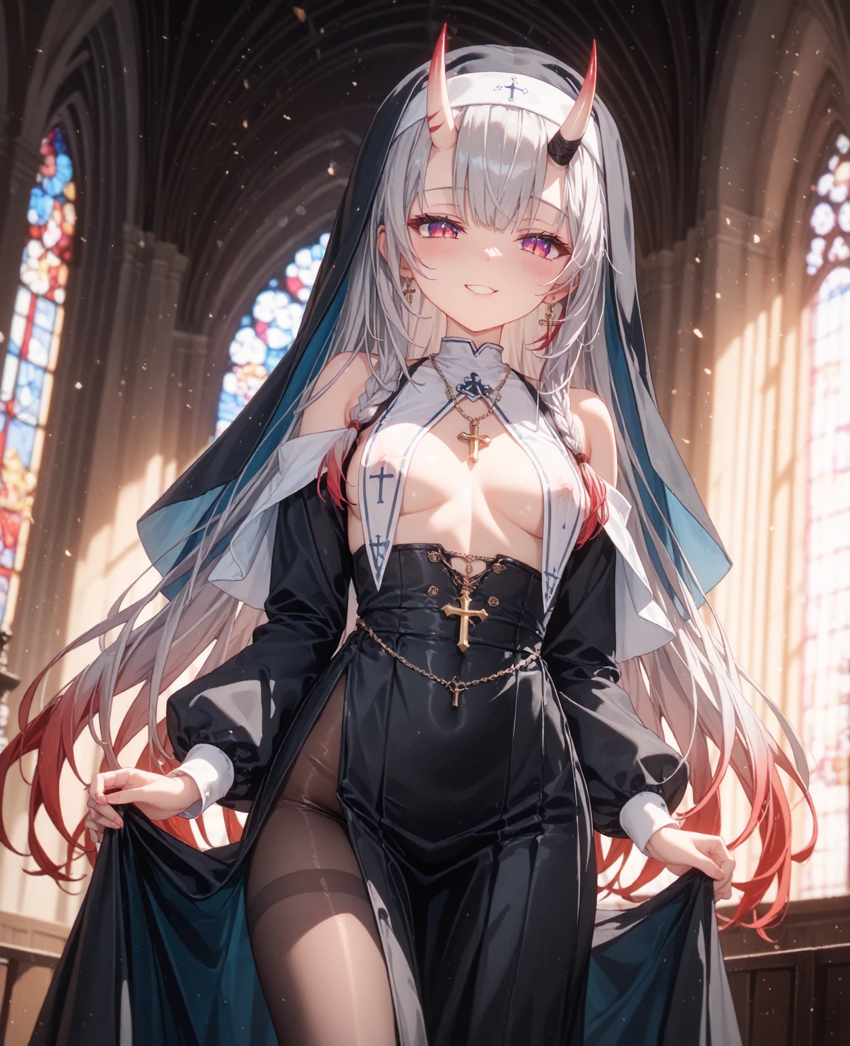 ((nun:1.2)),(((girl and 1littleboy:1.3))),(thick thighs:1.2),(huge breasts:1.2),(((alternate breast size,Stroking the panty:1.1))),((White hair,red eyes)),((gold and White shirt:1.2,skirt,lace,robe)), (latex clothes:1.1),(in church),(orgasm:1.3),(ecstasy:1.3) ,(fucked silly:1.2),(wet:1.2),(trembling:1.2),(tears:1.1),((nsfw:1.3,milf:1.2)),Masterpiece, Top Quality, Highly Detailed, Dynamic Angle, ((Perfect Hands)), Detailed Glossy Skin, Slender hair, fine eyes), (amazing backgrounds, meaningful backgrounds, absurd backgrounds), artistic overlays,The style is surrealism, cinematic lighting,(looking away:0.9),(Fluttering clothes:1.3),(lace panty:1.5),open leg:0.9,(Covering chest:1.2),(staring at smartphone:1.7), from below