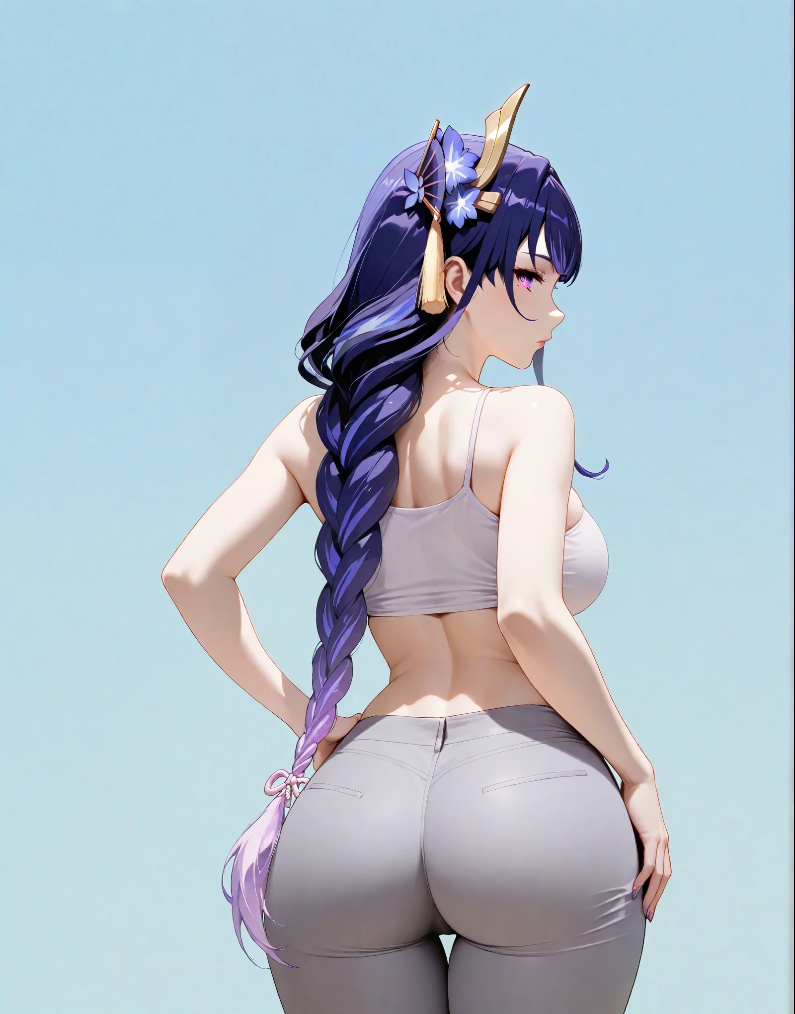 masterpiece, extremely detailed,4k,solo,1girl,adult ,((fullbody)),raiden shogun,slim body, sexy legs,perfect body,perfect skin texture,large breasts,housewife,grey short pants,white tshirt, soft light, high detailed, best quality, upper body,looking at viewers,back look,sexy pose, photography,cowboy shot,((blue plain background))