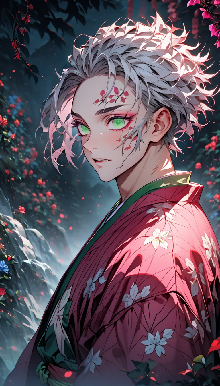 Ultra detailed, highres, absurdres, HDR, master piece, Saisei uchida, dark green hair, expressive golden eyes with white small pupil, white haori with patters of demonic, black kimuno with dark flower patterns, Kimetsu No Yaiba, fantasy, petals, red flowers, handsome, sexy man using blood demon art, solo, magic, shining blue and green fireflies, red moon, best quality, extremely detailed face and eyes, spirit, forest, four dark yellow petals attached to his hair
Waiting to start