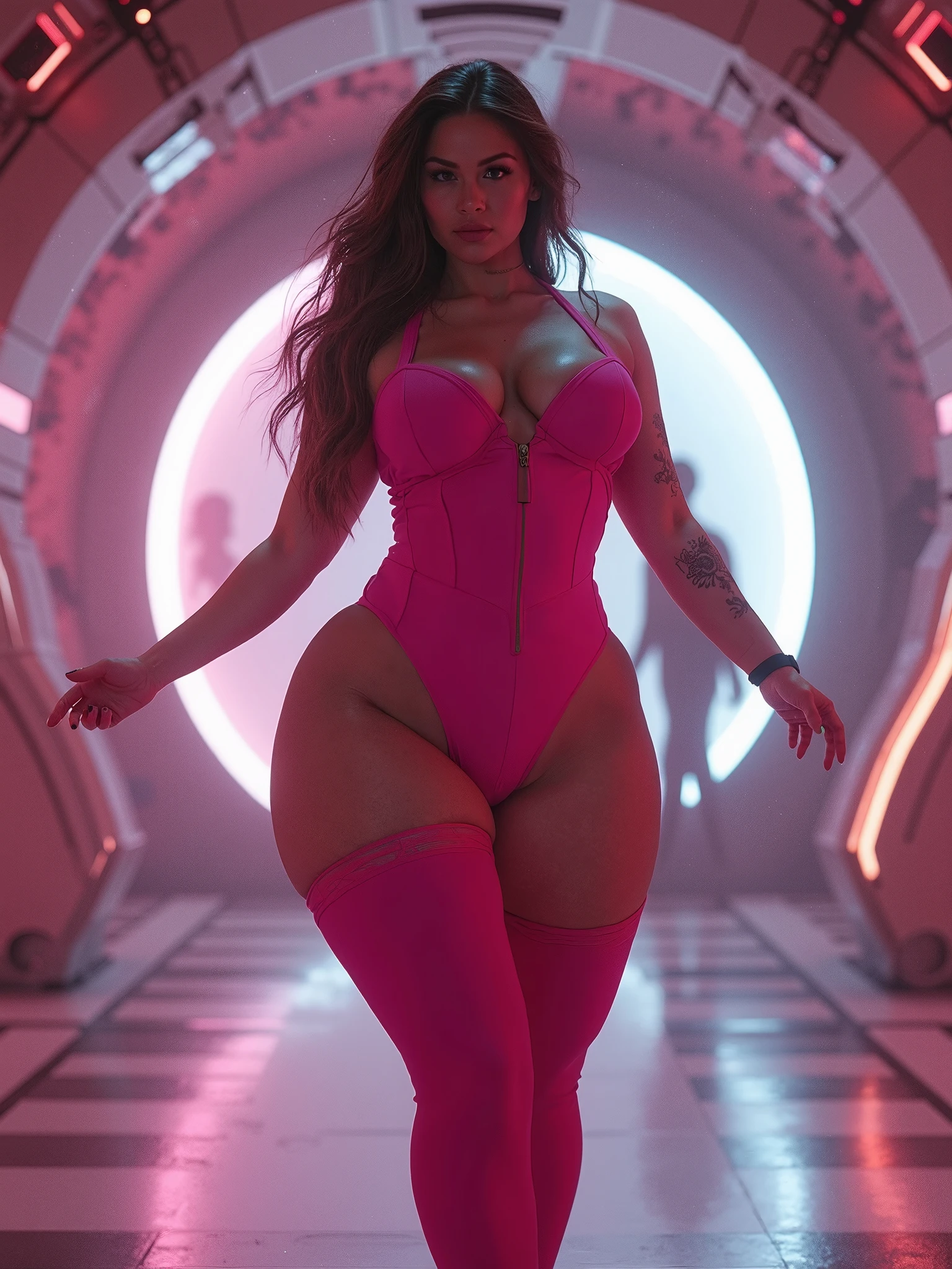 cute pit girl,(((1girl))),((pit girl with extremely cute and beautiful red hair)),

(huge breasts:1.4),saggy breasts,(((red voluminous hair:1.35,absurdly long unkempt hair,colored inner hair,ear breathing,large hair))),((heterochromia:1.5, (red_eye and pink_eye))),intricate eyes,beautiful detailed eyes,symmetrical eyes,((fat)),(((lustrous skin:1.5,bright skin: 1.5,skin tanned,shiny skin,very shiny skin,shiny body,plastic glitter skin,exaggerated shiny skin,illuminated skin,wet legs))),(spider lower abdomen,narrow waist,wide hip,athletic body,inflated legs,detailed body,(detailed face)),

cute,slutty,seductive,erotic,(nsfw),

zettai ryouiki,(((race queen style costume, attractive companion costumes,pit girl costume))),(magenta suit unbuttoned,magenta costume),(((huge cleavage))),cleavage cutout,((wet clothes,intricate outfit,intricate clothes)),

(dynamic pose:1.0),solo focus,embarrassed,(centered,scale to fit dimensions,Rule of thirds),

cyberpunk city by the ocean at night, with bright neon signs and dark stormy clouds and puddles, scenery:1.25,

artistic photography,(photography taken by sldr),highres, sharp focus, (ultra detailed, extremely detailed), (photorealistic artwork:1.37),(extremely detailed CG unity 8k wallpaper),((synthwave background theme)),(((vibrant colors))),(intricate background),(masterpiece),(best quality),