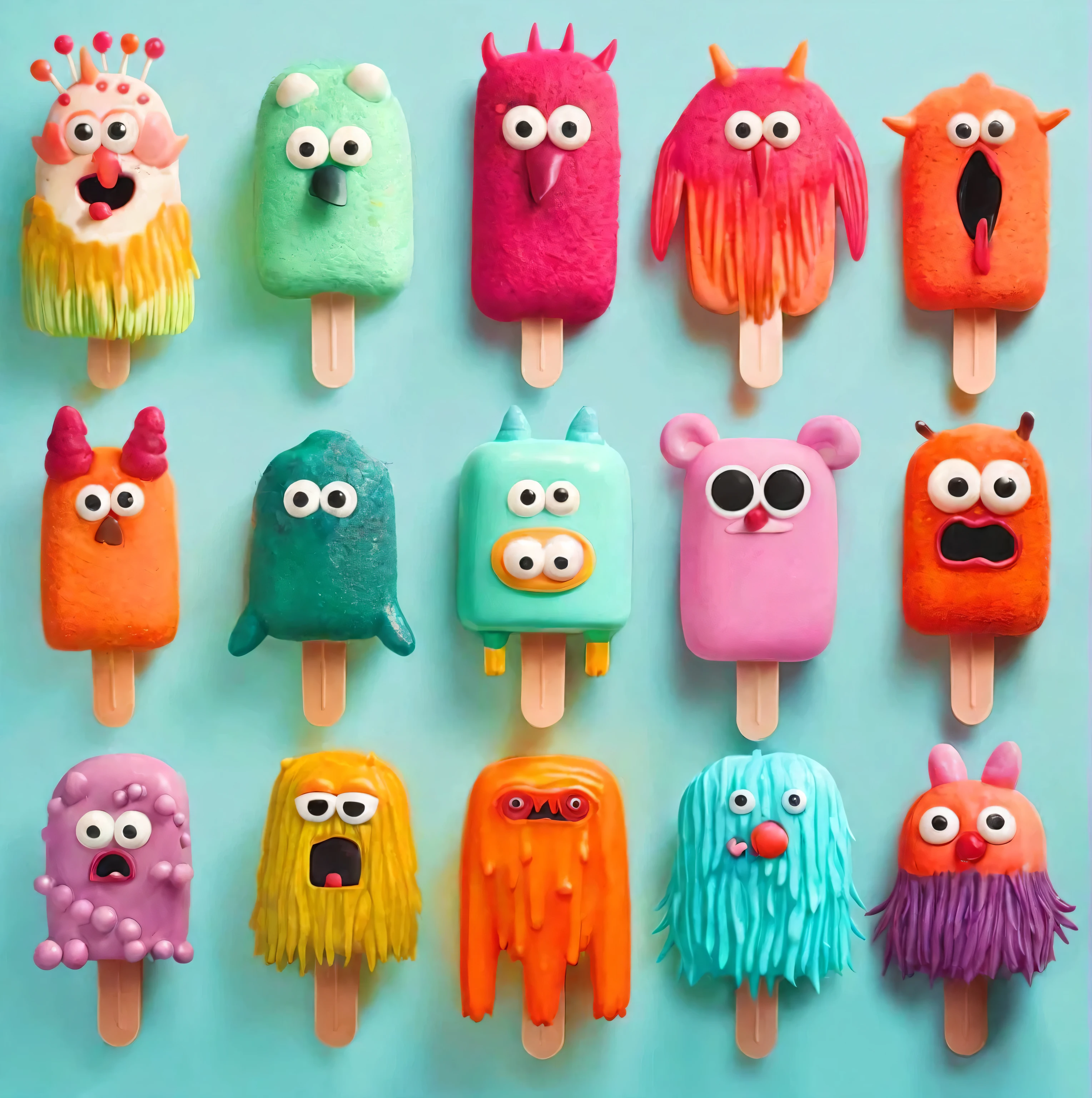 a close up of a bunch of pops with different colored  monsters on them,  cute Pictoplasma ,  cute colorful adorable,  cute  monsters,   colorfulキャラクターの顔 ,  monsters,   colorful , Pictoplasma , featured in Pictoplasma ,  cute artwork, evil.  vibrant colors.  cute,  cute coronavirus   Creatures  !,  inspired by Doug Olson ,  Ice Cream Mountain 々,   Creatures  