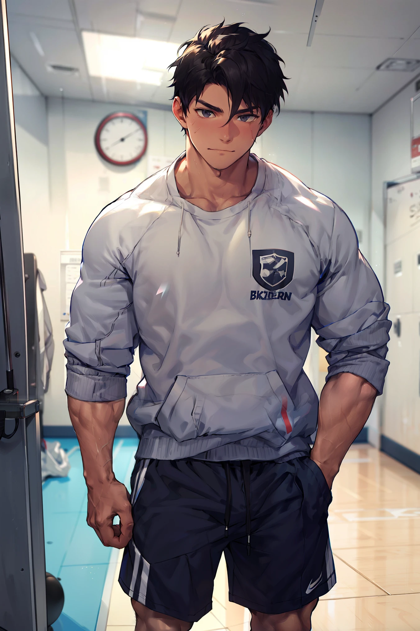 man, black hair, Gentle impression, has short hair , Athletic student , Health room, sweatshirt, muscular
