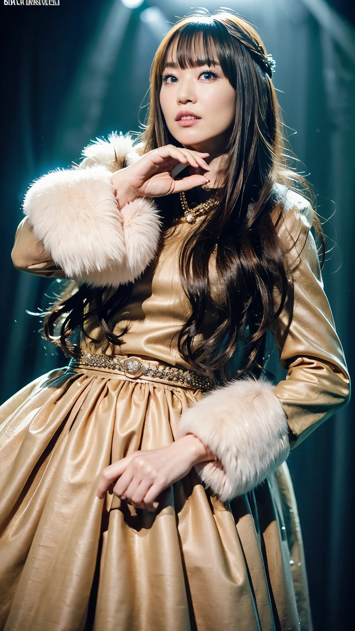 (8k、RAW Photos、highest quality、masterpiece:1.2)、(Realistic、Realistic)、1 woman、(((fur dress)、long skirt、long Hair and bangs、between dimensions、Spotlight、jumping and diving ))、Lots of eyelashes、Glowing eyelids、skeletally correct