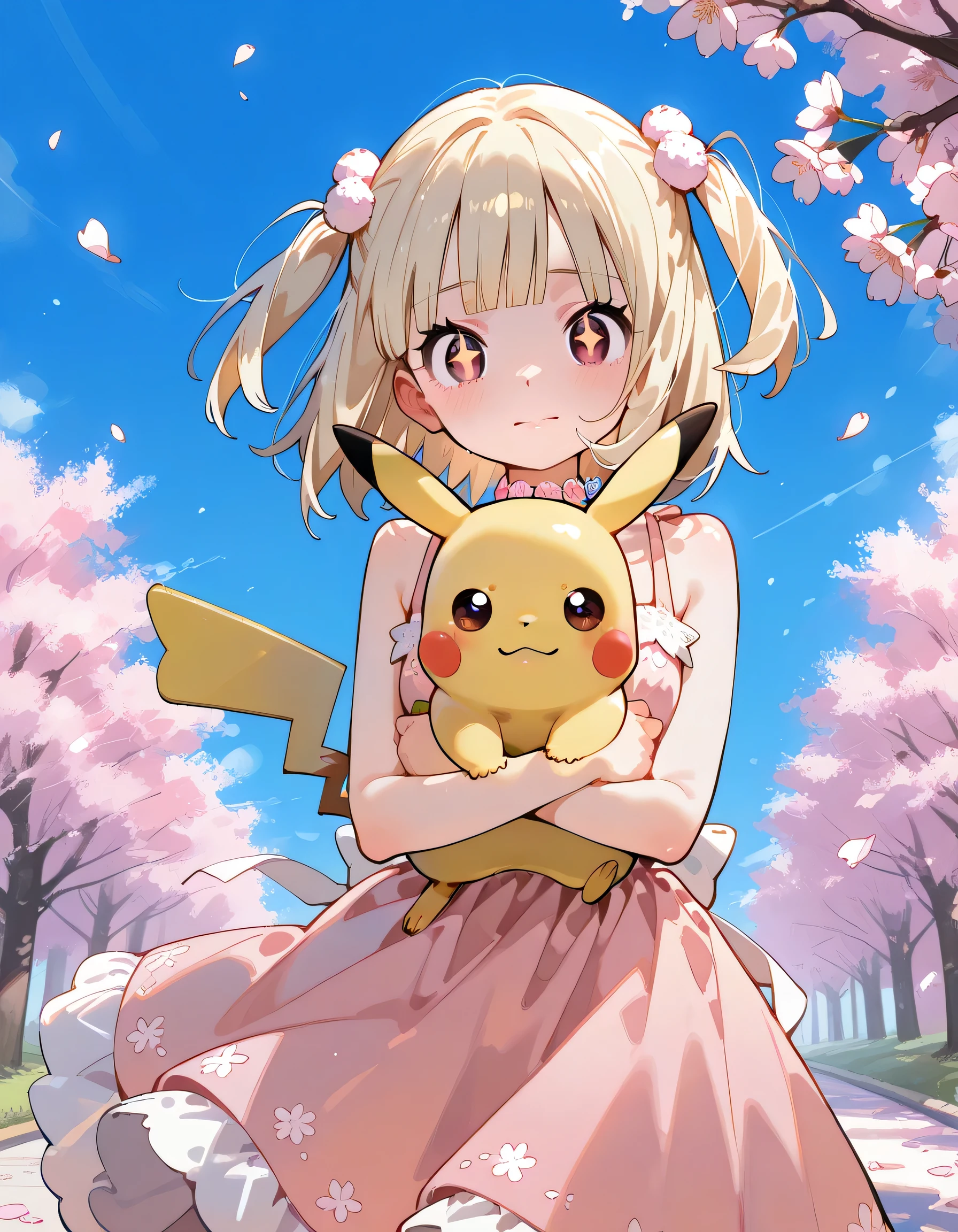 (throw),sfw, (looking at viewer),(closed up face+),alone,ars old,natural cosmetic,Blonde two side up ,blunt bangs,Adult older sister's face,Russian, sakura spring party dress,shiny skin,cute female face,Pokémon World, A woman in her 20s walking on a path lined with ,Spring Sky、( petals flutter ),lawn,Memorial shot++, spring vibe,First Love, cherry blossom revolution,(with running pikachu( Pokemon ))