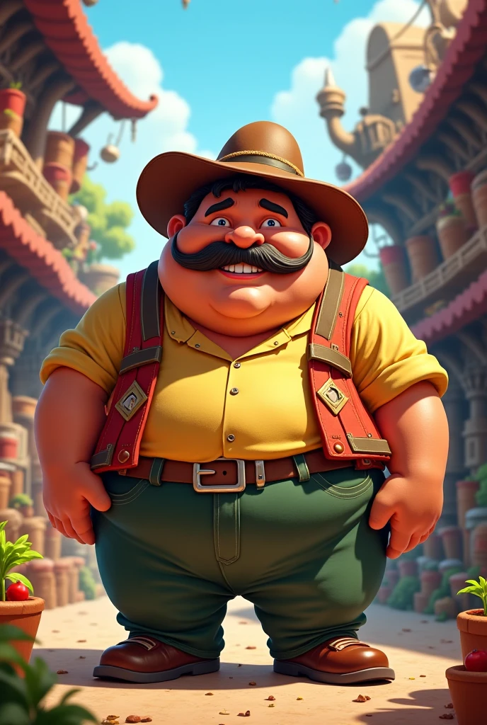 A very small, fat, northeastern dwarf with a cowboy hat, a red button-down shirt open showing his belly, and a gold chain with a small, patchy mustache and his friend Sherek.