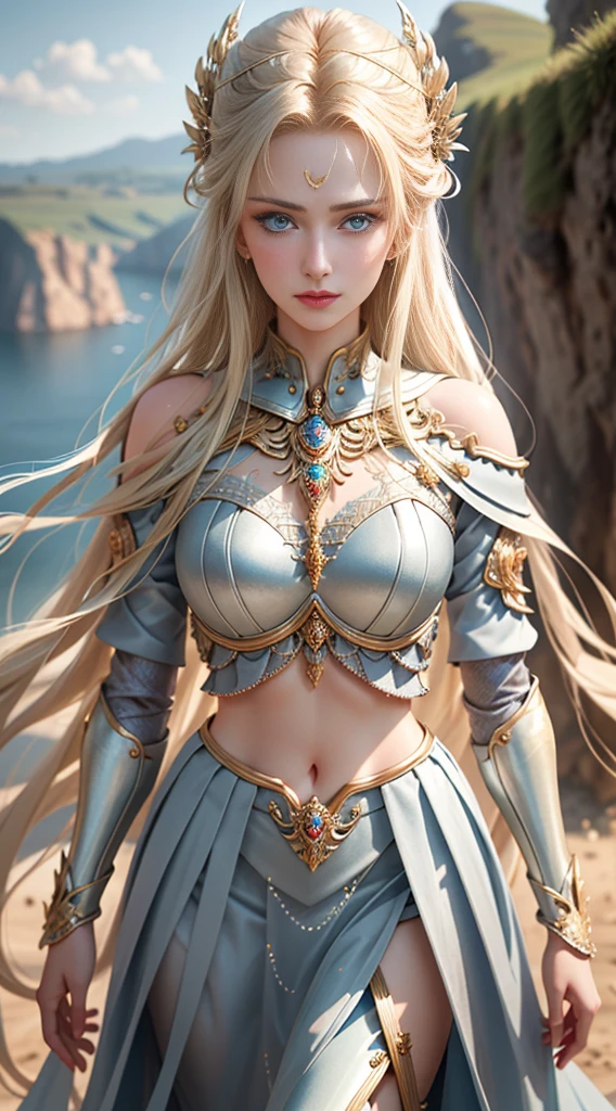 ultra detailed digital art, clean, a portrait of a beautiful woman, standing, goddess, LnF, a woman in an armor with feathers , wearing LnF, <lora:LnF:0.85>, power stance, ornate, glow, photogenic, pretty face, grey-blue eyes, dark blonde hair, wavy hair, flat chest,