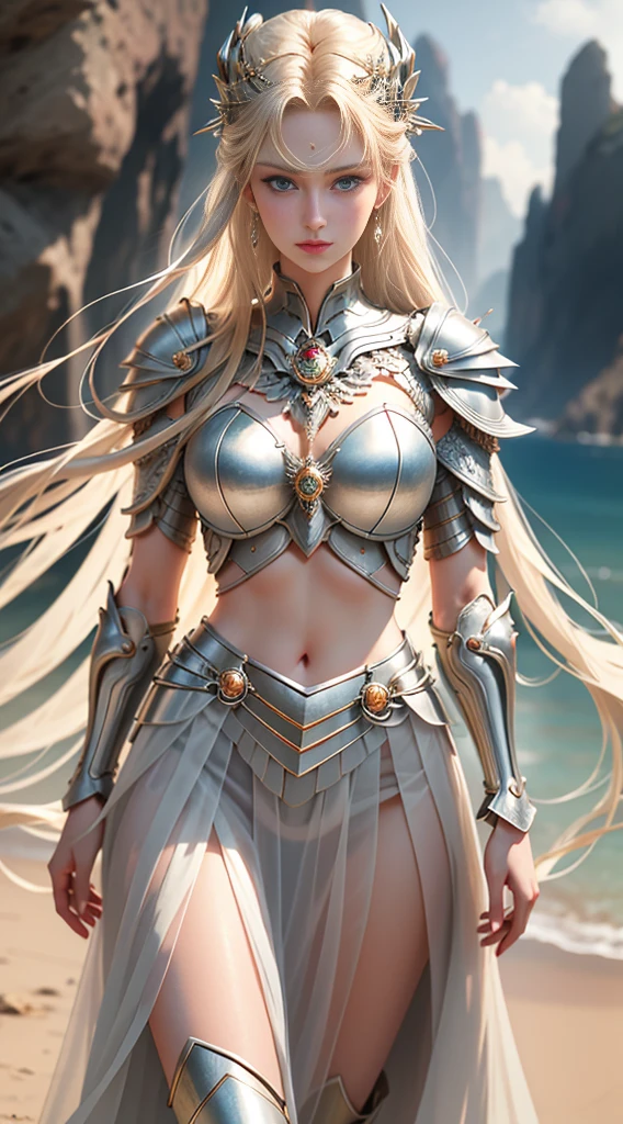 8K、of the highest quality、masutepiece、超A high resolution、(フォトreallistic:1.4)、1 female brave、超A high resolution、(フォトreallistic:1.4)、female hero with a sword、20-year-old female hero,Super beauty(Like the real thing)poneyTail、blonde braided hair、Gorgeous blue and white very small chest armor,gorgeous blue and white shoulder armor,luxurious white waist armor,gorgeous blue and white long skirt,gorgeous blue and white gauntlet, Luxury white and blue leg armor、shining muscles、In a dark cave、Sharp eyes, deadpan,beautiful background,Ultra-high resolution,super realistic muscle,Beautiful expression,Fantasyart,reallistic,super detailing,ultra -detail,character art,Glaring at the viewer,Holding a big sword,action scene,Battle scenery,Fighting attitude,actionpose,cleavage of the breast,