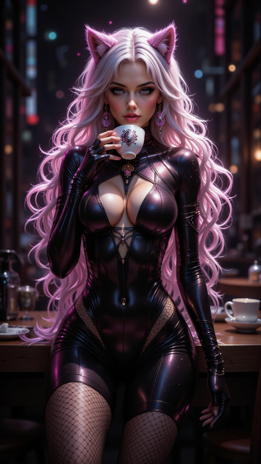 Best Quality, Masterpiece, Portrait, Perfect Anatomy, Femininity, Cool, Flawless, One Woman, Solo, Sexy, Stylish, Mature, Purple Eyes, Long Light Pink Hair, Big Breasts, Red Lipstick, Big Breasts, In a Sexy Sheer Top, portrait, full face? with a cup of hot coffee, morning, against the background of the room