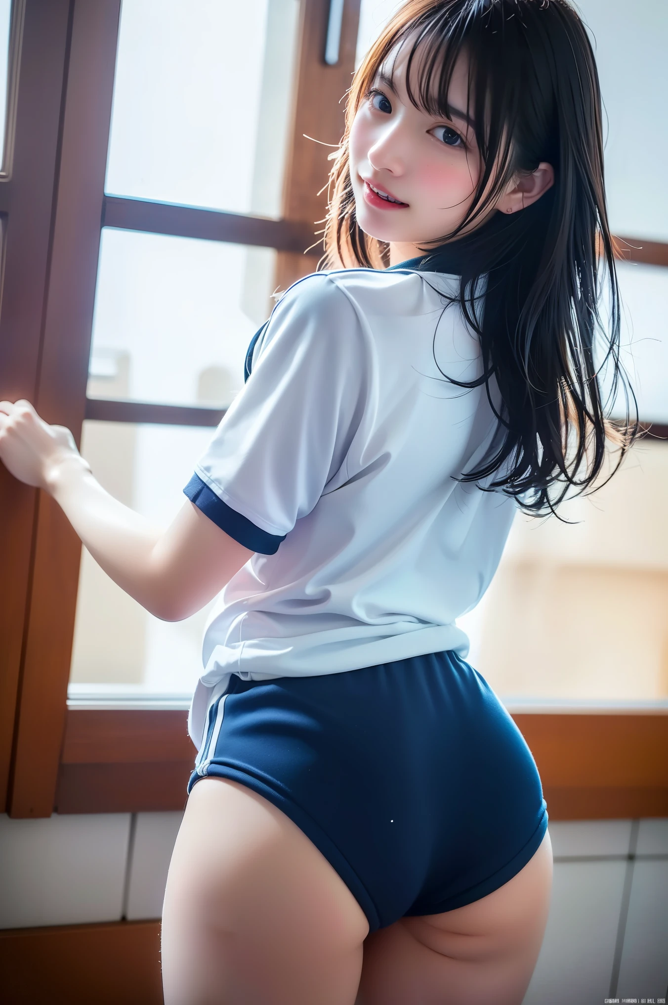 ultra highres,(reality: 1.4),highest quality, masterpiece, high detail, 16K quality, beautiful, 1 beautiful girl,japanese,super beautiful face,,japanese idol face,cute face,super detailed face,detailed hand,beautiful skin,sweaty skin,big eyes,big smile,profeccional lighting,medium hair, black hair,brown beautiful eyes, gym uniform,school gym buruma,(red buruma), white shirt, short sleeves, standisng,spread legs,medium breasts,high socks,she is looking at the camera,classroom,nsfw,back shot,