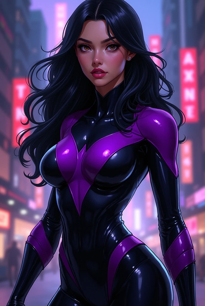 Ultra detailed young evil girl. Evil smile on her face. Villainess. Long dark floating hair. Beautiful makeup on her face. Beautiful eyelashes. Lipstick on her lips. Bright purple eyes. Crazy looking villain. Very colorful, lots of colors. Night background, with cars with bright headlights on behind, illuminating the dark streets.