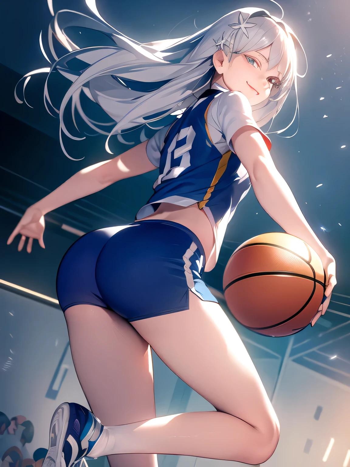 A young female basketball player executing a dynamic jump shot with precision and grace. The basketball is held firmly in both hands as she aims for the hoop, her form exuding confidence and mastery. Her slim-fit basketball uniform highlights her athletic build, while black high socks and matching sneakers provide a sleek and modern look. Her neatly braided black hair arcs through the air as she leaps, with her intense black eyes fixed firmly on the goal. The polished wooden floor of the brightly lit gymnasium reflects the action, emphasizing the energy, elegance, and competitive spirit of the moment. smiles gently, FRIENDLY. ( RAW photos , top quality ), ( realistic , photo- realistic :1.4), masterpiece, extremely delicate and beautiful, extremely detailed, 2k wallpaper, amazing on the beach, Detailed description, extremely detailed CG unity 8k wallpaper, ULTRA DETAIL, high res, Soft light, beautiful detailed girl looking back, extremely detailed eyes and face, beautiful detailed nose, beautiful detailed eyes, cinematic lighting, Perfect Anatomy, slender body. White hair, (white_eyelashes:1.3), (colored_eyelashes:1.3), gray_eyes, pale_skin, white_eyebrows, snowflake_hair_ornament, hair_ornament. 