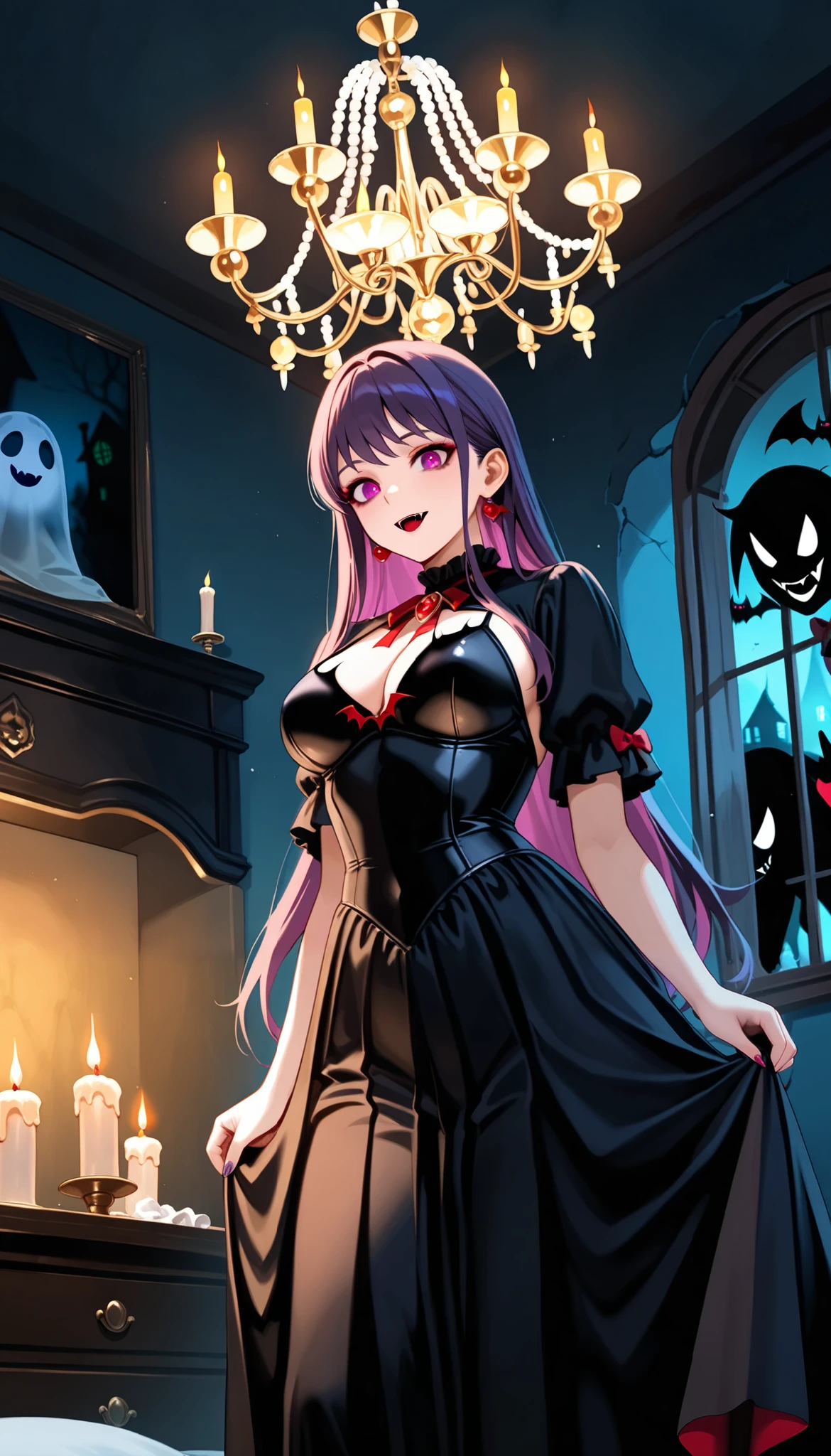 (((( Masterpiece)))), (((( Top Quality)))), top quality, Super quality, 16k, unbelievably absurd, very detailed,32K, ((( haunted house)))、(((Dimly lit room:1.4)))、((( candle light、 Spooky Chandelier 、Sexy vampire woman with Odorothea Fireplace ))), 、((sexy ghost woman), gothic style dress、 long dress