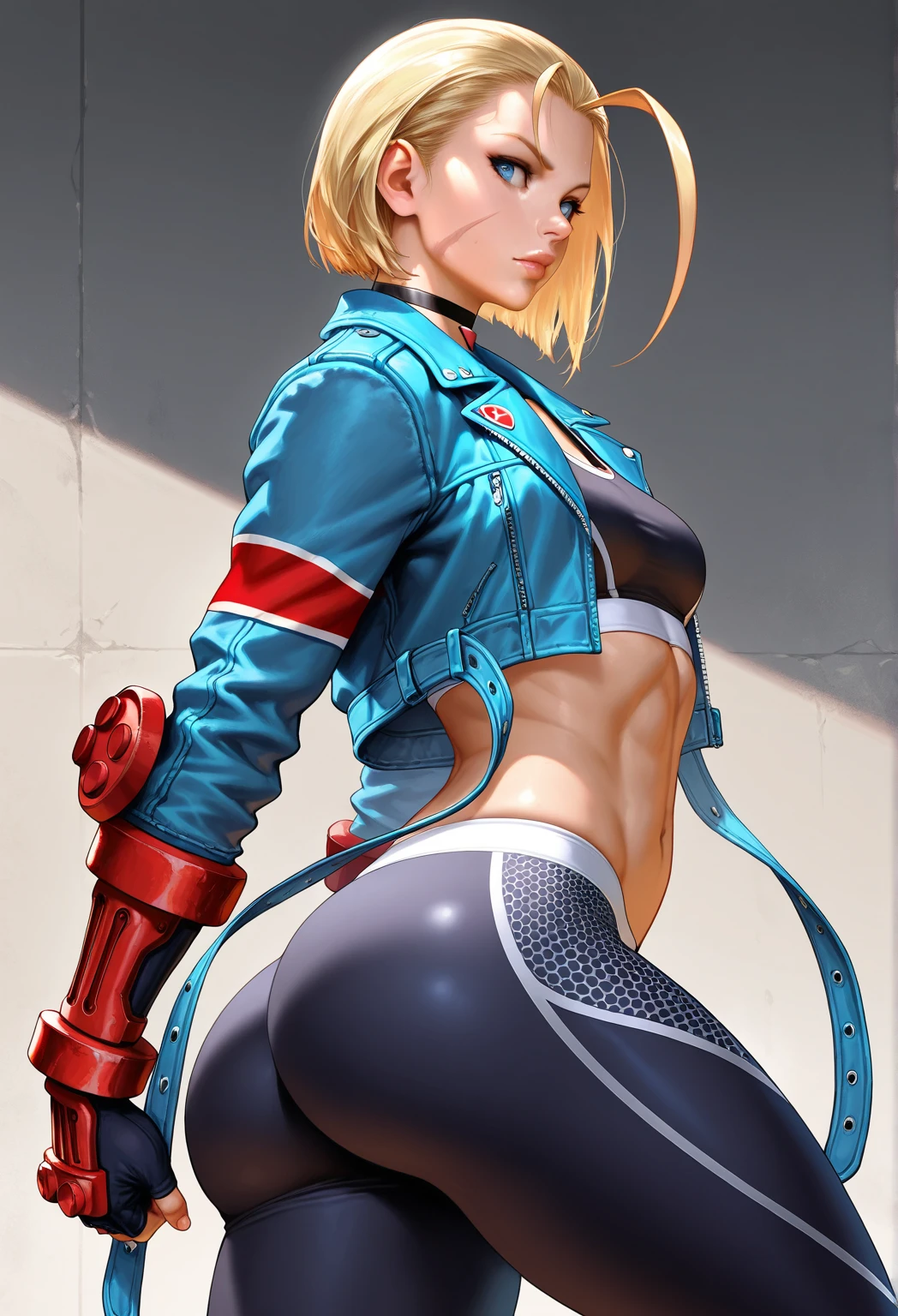 4k, masterpiece, high resolution, 3D art style, Zeri, 1girl, ((bimbo))), detailed face and eyes, beautiful face, detailed hand, blond hair, blue eyes, thick lips, erotic smile face, face, slender hips, thick thighs, thick, huge and droopy breast, huge round ass, oily shiny skin, black crop top and hot pant, jacket, hot pant, cleavage, pushing against the wall in the gym, bending forward, hands on the wall, view from her back
