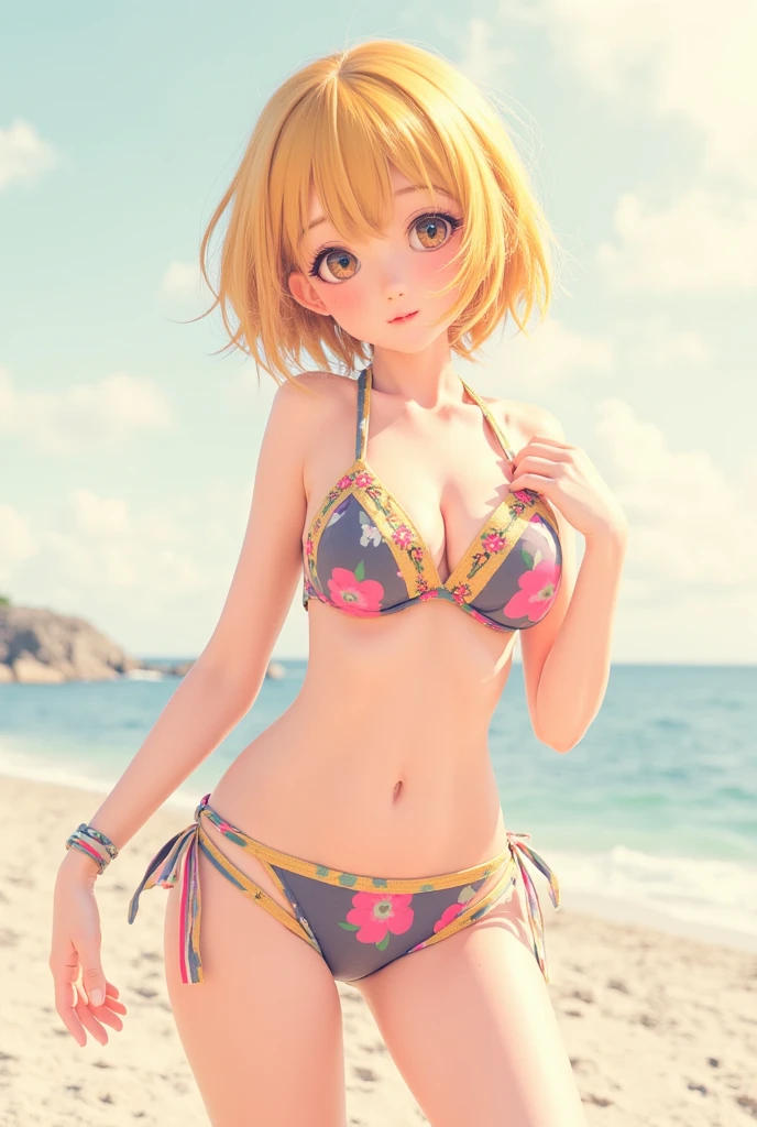 (NFSR8k, Highest quality, masterpiece:1.2), Very detailed, (High brightness:1.3), (High Contrast:1.1), (High chroma:1.1), (Anime screenshots:1.20), (((Short girl:1.30))), ((hair ornaments:1.2)), Hair between the eyes, blonde, bangs, ((short hair)), Green Eyes, skin, (((Long Hair:1.10))), (((Both sides up:1.10))), ((Beautiful Eyes:1.2)), (cute eyes:1.2), ((Eye for details:1.5)), cute, (((((Young girl with large breasts:1.30))))), (((Puffy nipples))), (((((Completely naked:1.30))))), ((the body is slim:1.10)), ((Sensual blush)), ((Standing on tiptoes:1.5)), (Outdoor, Beach, Waterfront, Day), ((whole body:1.2)), (cute smile:1.5, Open your mouth), ((Squat:1.5, Spread your legs:1.5)), (Shiny skin:1.10), (Oilskin:1.5), ((Very seating:1.10)), (((A young girl grabs her right breast with her right hand:1.30, A young girl grabs her left breast with her left hand:1.30))), ((Semen from a woman's vagina:1.30)), ((Basic structure of the human body:1.30))