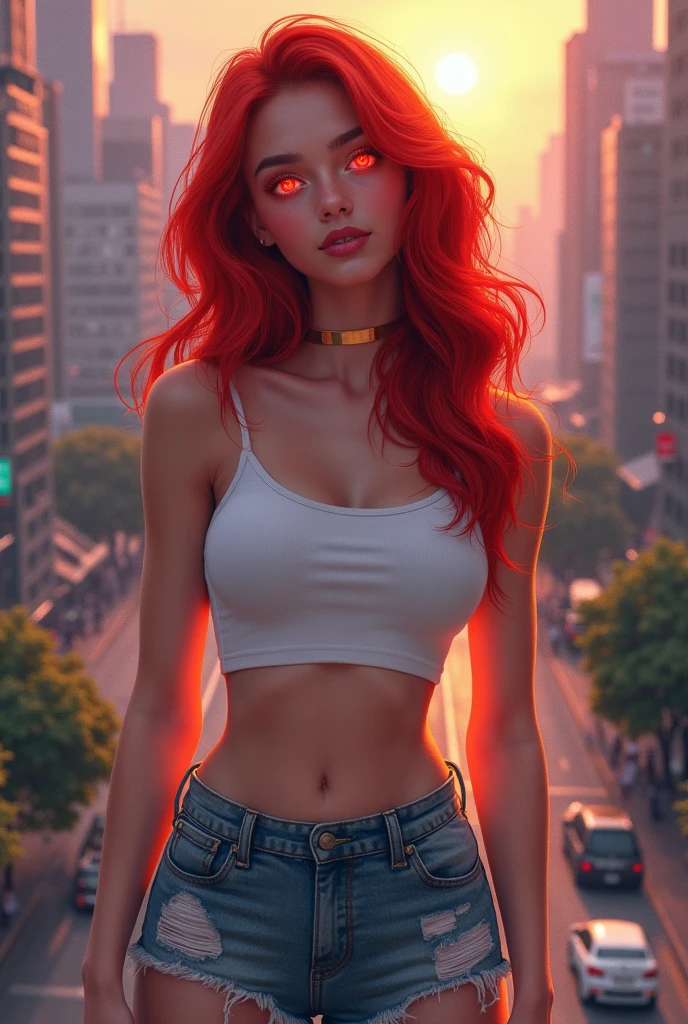 Create a woman who is approximately 1m tall.,65 meters (5 feet 5 inches). With long, deep red hair, which is one of its most distinctive features. With clear skin and a slim figure. His eyes are a deep green color, and a facial expression that combines elegance with a strong and confident presence., that she has a nice and attractive body with large, pear-shaped breasts, that is found in a city full of flames