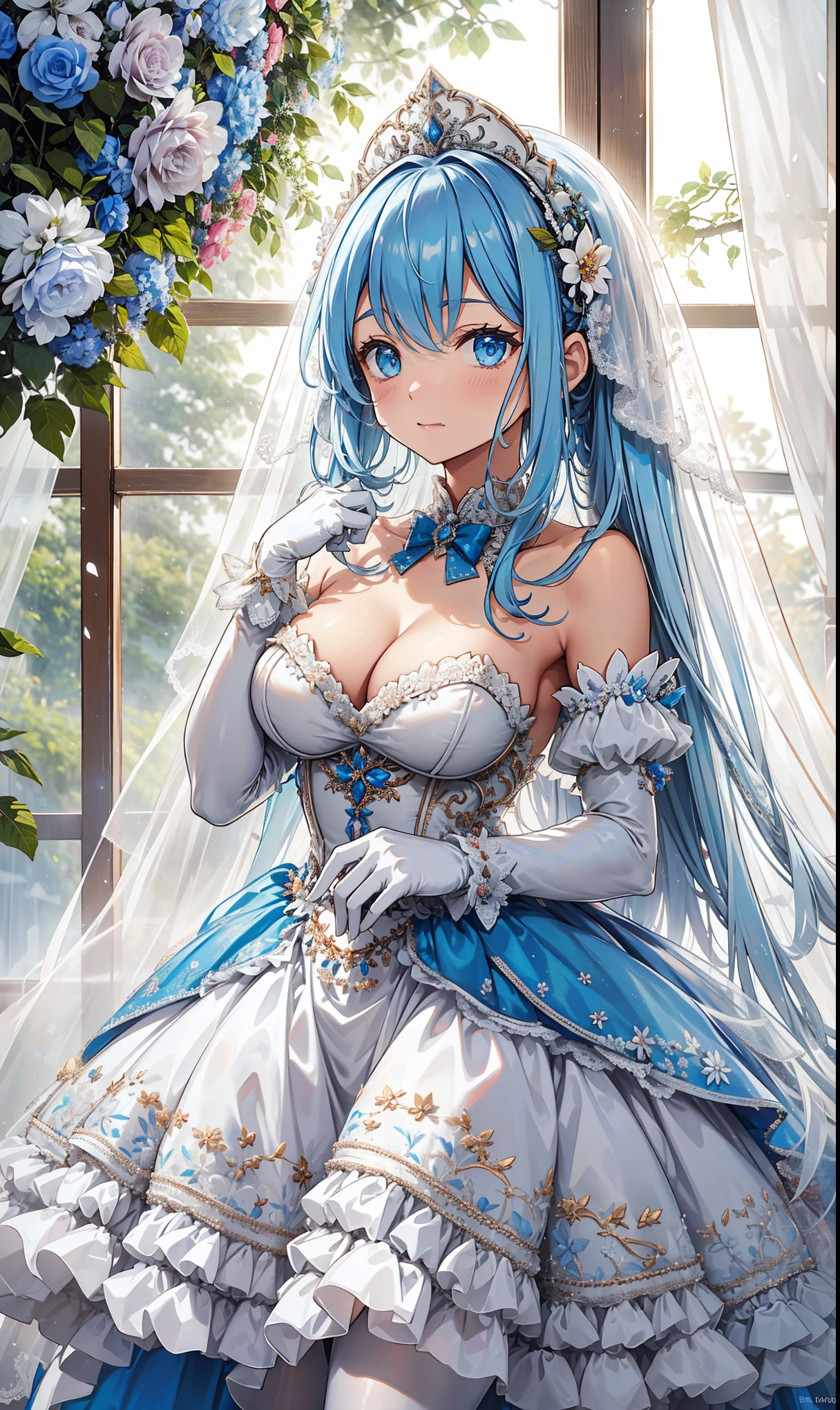 Saint ，Attractions，  Have Fun  ， temptation，in love，( girl in white modern shirt 、Characteristics of a wedding dress、 dress and pantyhose :1.2)，(   white ruffle bow gloves   )， Silver Hair ，  blue eyes ，Sacred headdress，  transparent lace  ， Gorgeous Dress  ，  alone，European bedroom，(night:1.1)，Delicate and beautiful face  ，ta，Flowers on clothes ， colorful flowers，Flowers fall，Flower fly