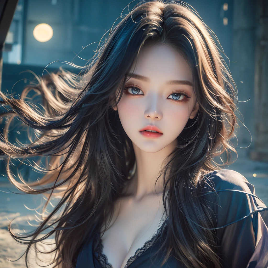 (RAW photo, Best quality), (Realistic, photo-realistic:1.3), Best quality, Highly detailed, Masterpiece, Ultra-detailed, illustration, 1girll, The upper part of the body_Body, Dynamic Angle, world mastery theater, Messy_Long_Hair,Best quality, extremely detailed CG unity 8k壁纸，ink，astounding，nightdress，电影灯光，lens