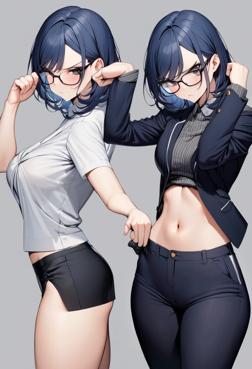 a feminine anime boy with square glasses with medium girl hair with adidas marathon shorts with an hourglass body but still has a face of a boy outside with medium breasts ((no abs)) but the rest of the body is feminine with (black crop top) with a high rise thong showing with a big butt no abs 1 person