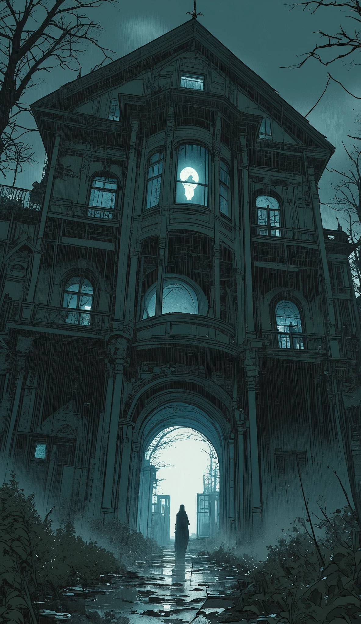 Haunted Mansion / haunted manor / ghost屋敷、window、white shadow、ghost、 very dark、 it's raining 、Express your fear、