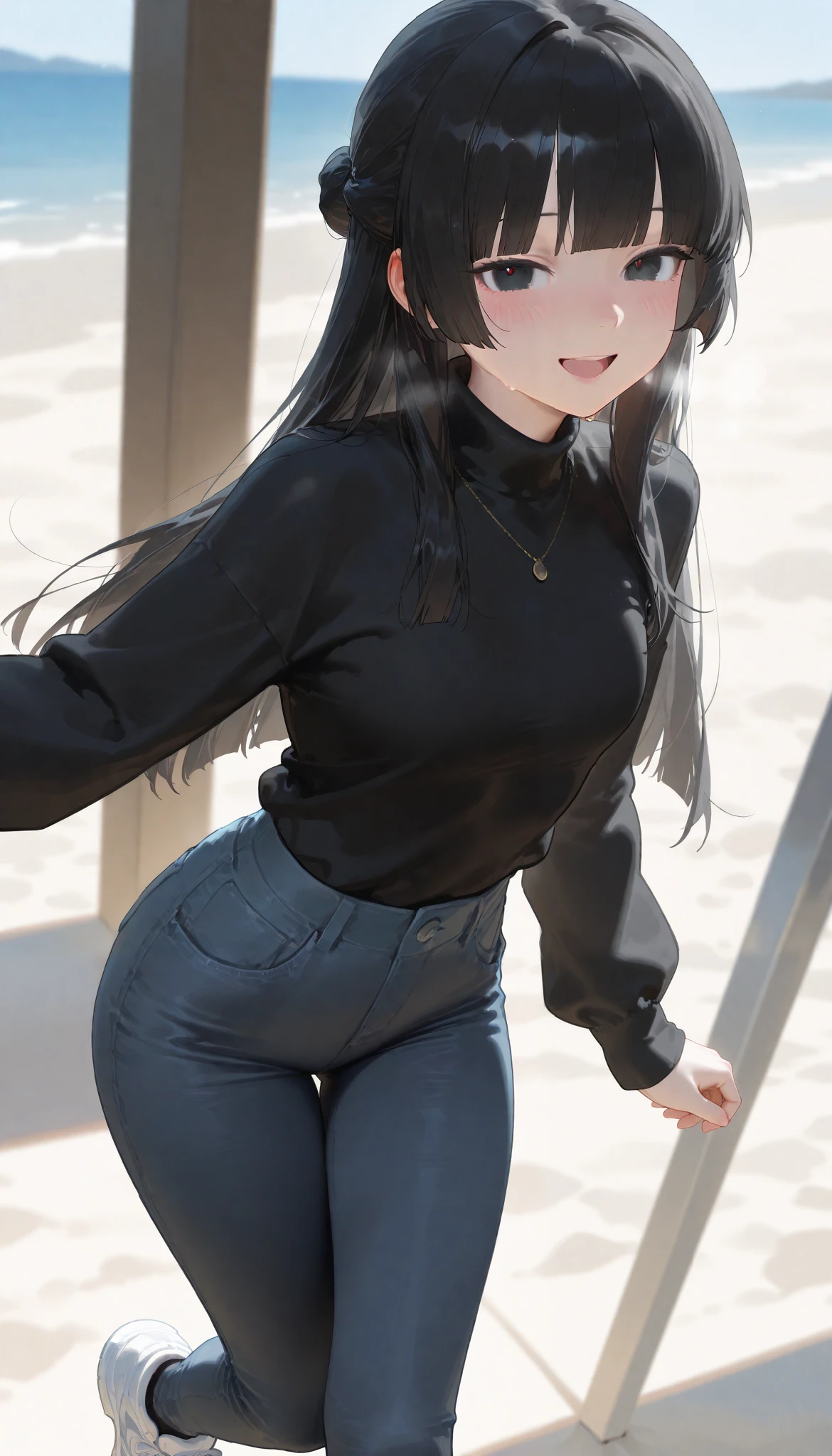( top quality), ( more), ( best picture ), (masterpiece), A beautiful mature woman with a feminine body, perfect body ratio, very small hair , very small face, perfect anatomy , Anatomically Accurate , Ideal Proportion Body Proportion, perfect body , perfect style, Perfect balance, Delicate Facial Features , beautiful detailed women , VERY DETAILED eyes and face , Half updo, realistic beautiful face, realistic beautiful eyes, medium chest, slender, Pink-colored white skin , (black hair, hime cut, Medium-length Hair), Clear Black Eyes , blush, Warm black winter jumper , Black warm long-sleeved winter black sweater , long denim jeans , white sneakers, smile. open mouth, feet out of frame, Walking on a sandy beach at a winter beach with a view of the horizon, I turn around and look at the viewer. Outdoor.