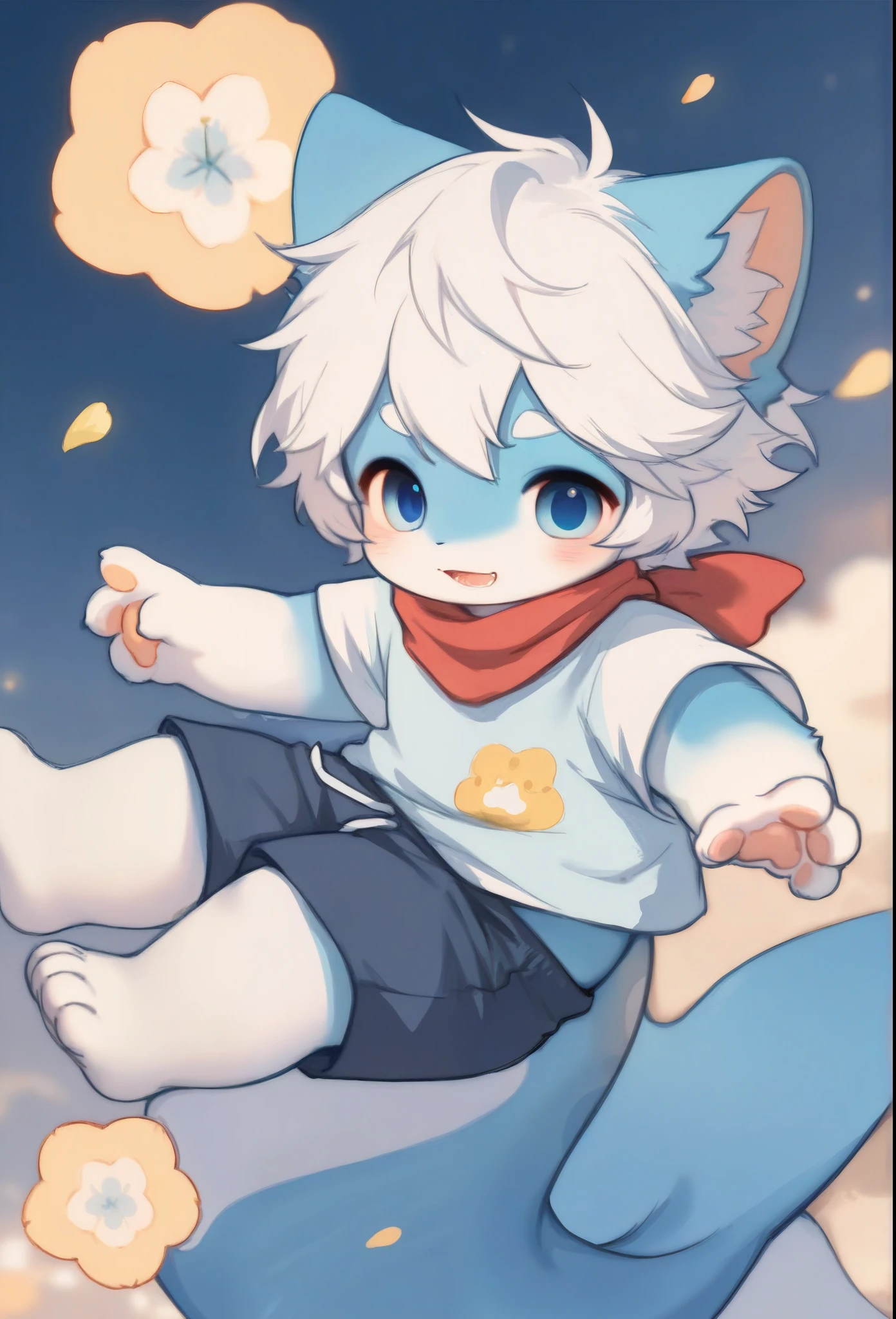 He is a short, deformed, mascot-style light blue cat character in the style of an illustrator's illustration. He is a very fluffy, energetic and cute boy who is a wizard who uses musical magic. He has sparkling light blue eyes like the universe, gold star-shaped accessories on his tail and ears, and a navy blue hat with a pattern of stars and musical notes.