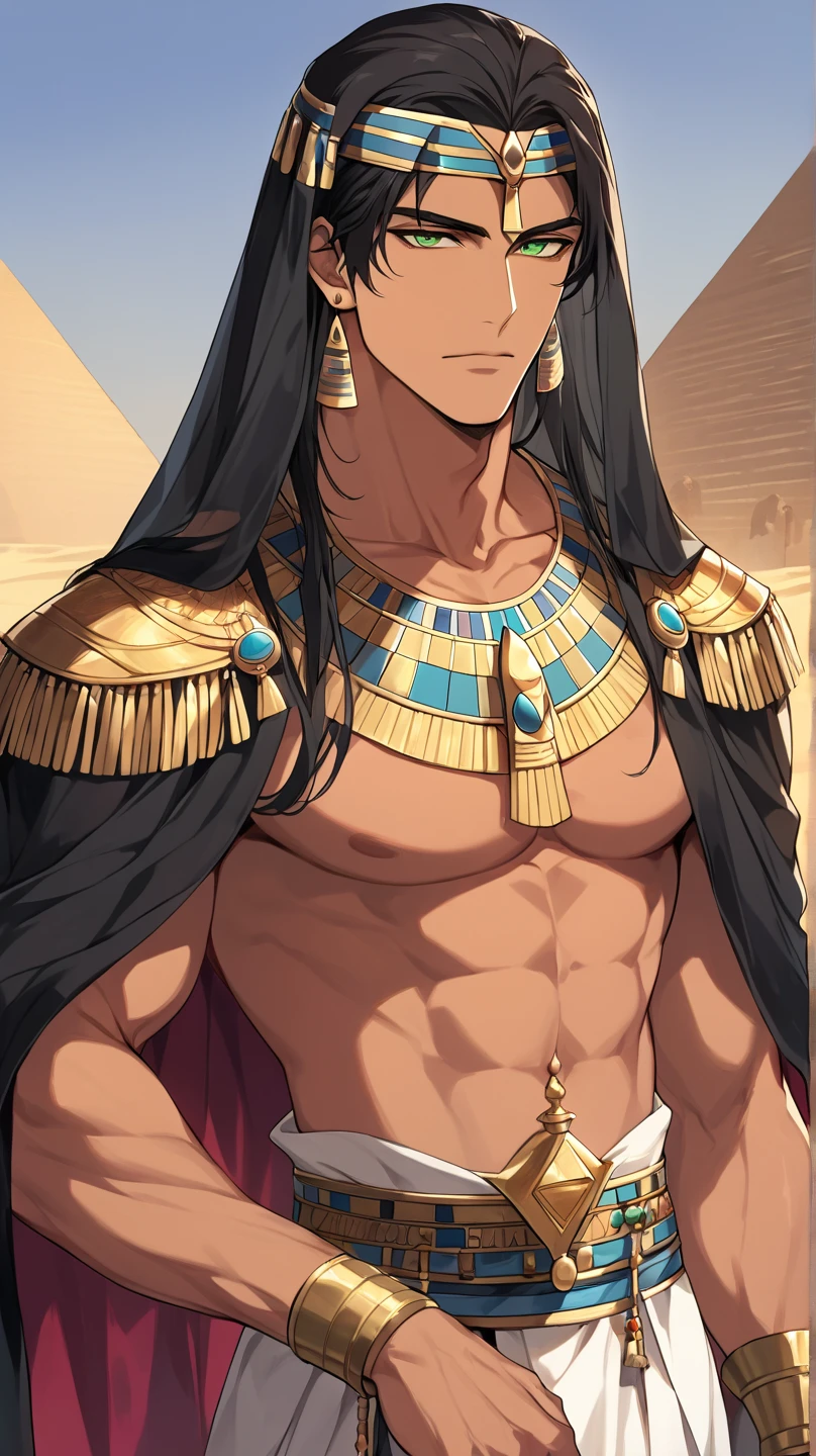 Young guy, Long black hair, purple strands, violet eyes, smirk, tattoo, pharaoh, Egyptian Prince, Anubis, open torso, musculature, Masterpiece, hiquality, 4k, HD, Good detail