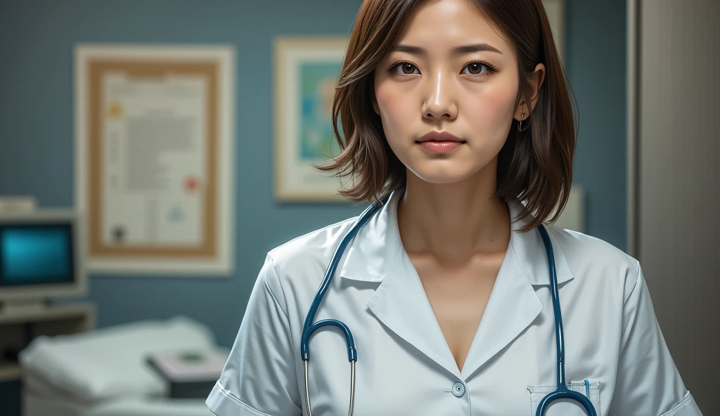 Sexy nurse in bra, from Malaysia, Stands tall, holding a white sheet of A4 paper in his hands, and shows it to the camera
