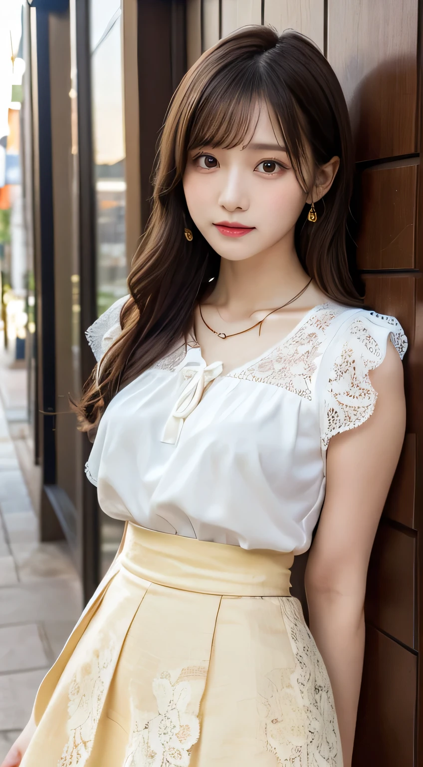 Top Quality, Masterpiece 、 actual photo 、The most beautiful girl in the world 、 Cute looks、 slender 、 perfect beautiful face in a private house 、 perfect and beautiful eyes 、 perfect and beautiful double eyelids 、 Fashion Model 、 Cute looks、 light brown hair 、(Cute looks、 Japanese high school girl、 white blouse、 high waist with her、 necklace、pale yellow midi skirt、 lace skirt:1.3)