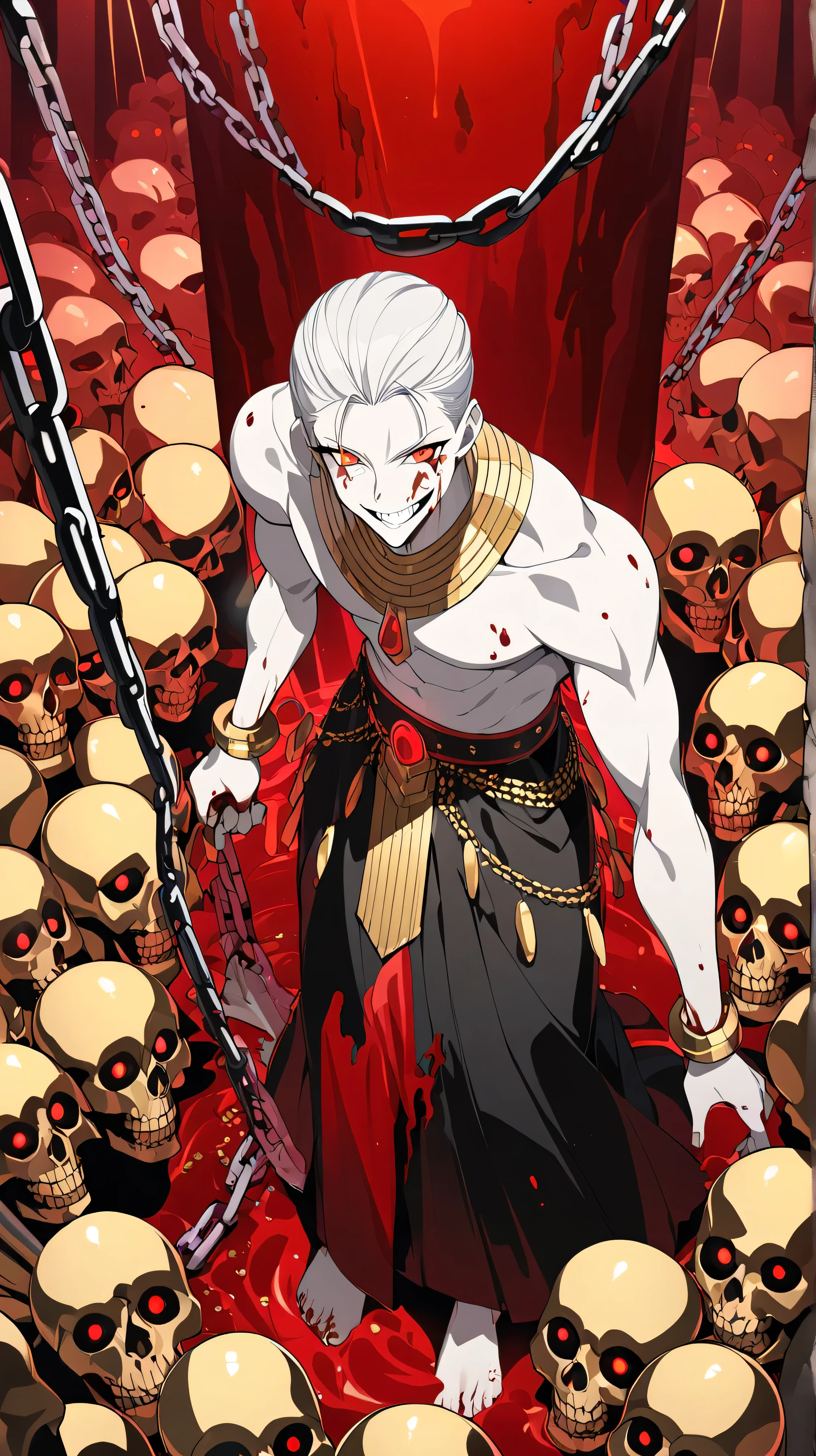 (8K、Best quality、tmasterpiece:1.2)、(Endless realism、Photorealsitic:1.37)、hyper-detailing,Full body lesbian,high detal,(/facial feature:1.3/),Detailed male anime character,(1 boy:1.2),Alone,(This is a scrawny old man:1.2),Komrosto Quartet,The bones of the arm are vaguely visible,Eighty-year-old man,forehead full of wrinkles,(Roman nose:1.1),white haired Cangcang,thick white eyebrows,(opening eyes),黑The eye,The skin is very white.(This is a cult leader:1.3),(White silk robe with gold trim)+(Both arms are covered with blood-red tentacle tattoos:1.2),There are shadows of terrifying tentacles behind this character.Underground chamber in the background,meat punk style,blood vessel,Full of blood and minced meat,(huge altar of flesh and blood:1.3),Place torches on the wall for lighting,(Pentagram magic circle drawn with blood on the ground:1.2)