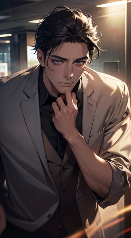 (Best Quality,4k,8k,high resolution,Masterpiece:1.2),ultra detailed,(realist,photorealist,photo-realist:1.37),1 man,31 years,mature man,very handsome,without expresion,muscled body,short gray black hair,Blue eyes,glare,perfect face without mistakes,imposing posture,businessman,office background,cinematic lighting,imagen HDR