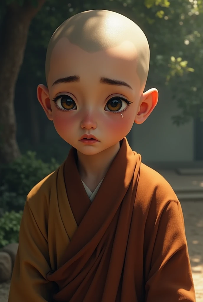 Bald child, little monk, a child in monk uniform sitting on the ground, religion, buddhism, yellow monk uniform, bald boy, praying, hands folded, sparkling, staring at camera, five fingers, gentle little hands, cross-legged, behind a large Buddha statue, indoors, no hair, smiling, cute