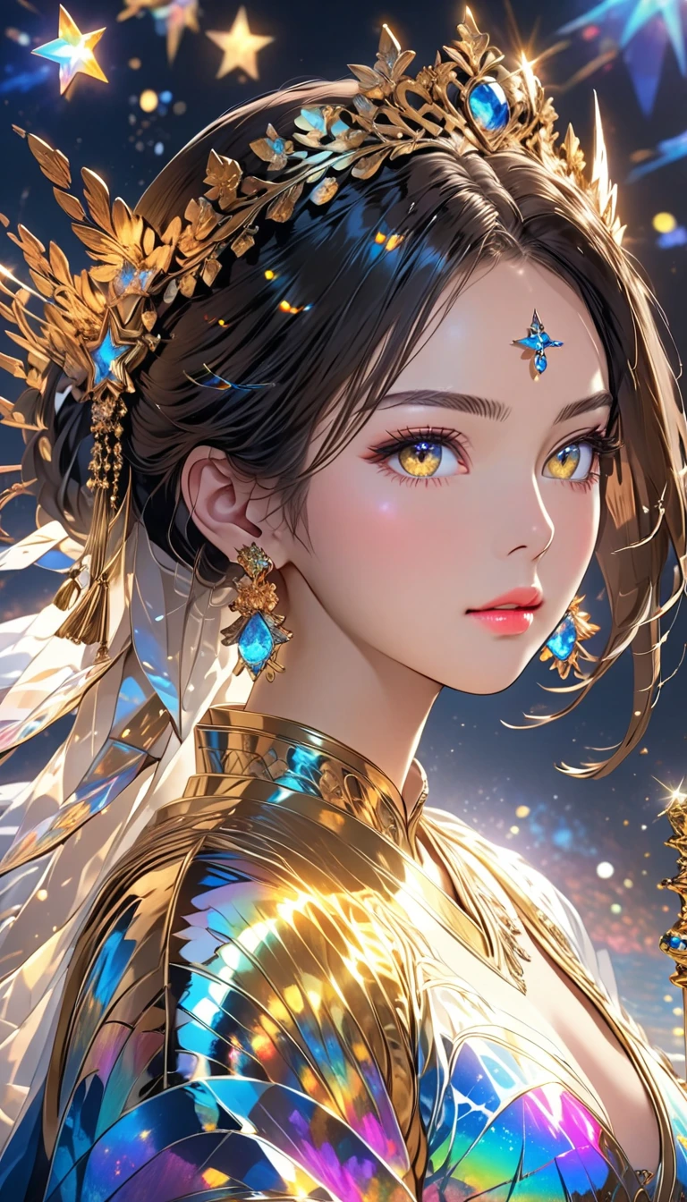 ( best image quality), in the seat,Queen style 、Goddess Style、 holding a scepter in one hand ,Beautiful golden eyes、Beautiful lips、 Perfect Face 、( perfect body),Precise facial expression depiction,whole body、青いstar空,star(Sparkling),clothing(Sparkling),( Masterpiece),( 8k wallpaper),myth, Fantasy Art、