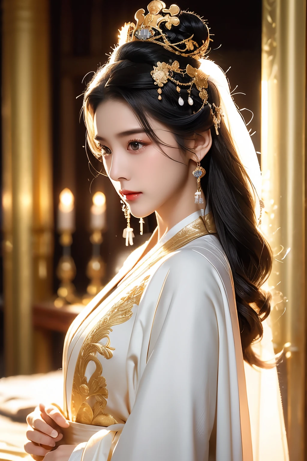 Black Hair, Immortal, Beauty, Royal sister, Stepmother, White Taoist robe, Golden Phoenix Coronet, Hair Bunch, Mature Woman