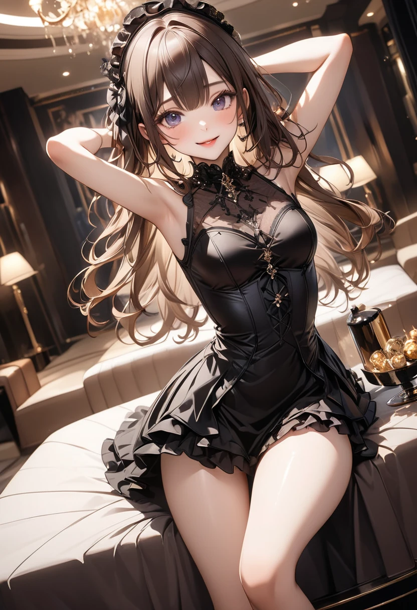 (1 girl),(masterpiece: 1.3), (beautiful feces: 1.2), (high quality: 1.2), (small details: 1.2), (beautiful eyes: 1.5), Portrait, realistic, 3d face, Please show your teeth and smile、tooth、(bright eyes: 1.1), shiny hair, shiny skin, alone, embarrassing, on the stomach, brown haired, black eye, ,(lingerie: 1.3), Full body Esbian, excellent anatomy,cute pose,clean hands