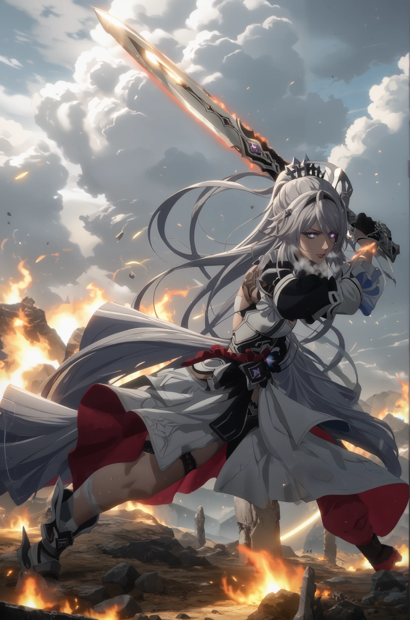 score_9, score_8_up, score_7_up, score_6_up, score_5_up, score_4_up, uncensored, herrscher of finality, very long hair, ahoge, high ponytail, hair ornament, crown, symbol-shaped pupils, anime coloring, anime screencap, (voluptuous:1.3), (thick:1.3), BREAK UHD, retina, masterpiece, accurate, anatomically correct, textured skin, super detail, high details, high quality, award winning, best quality, highres, 4K, excessive sweating, sweating, sweating drop, (gasping, heavy breathing:1.3), (skindentation:1.2), perfect eyes, beautiful eyes, eyelashes, makeup, detailed body, perfect body, BREAK, 1girl, weapon, sword, solo, looking_at_viewer, sky, holding, holding_weapon, cloud, outdoors, holding_sword, standing, fighting_stance, glowing_weapon, rock, apocalypse, Fiery, filed, epic art,