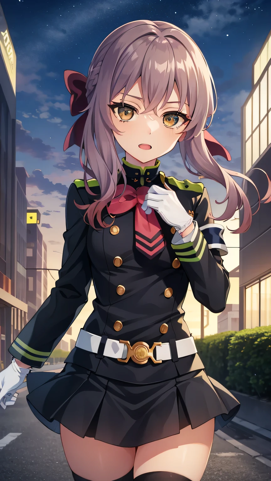 {{{masterpiece}}}, (best quality:1.5), (ultra-detailed:1.5), {illustration}, {{an extremely delicate and beautiful}}, (beautiful detailed eyes:1.6), absurdres, highres, extremely detailed face, 16k, hd, visual anime de uma jovem mulher, extremamente bonito rosto de anime, anime melhor garota, (perfect hands, perfect anatomy), anime face, Hiiragi Shinoa(Owari no Seraph), aashinoa,1girl, solo, cute face, purple hair, crown half up, very-short ponytail, (red hair bow:1.2), sidelocks, hair between eye, big eyes, (dark brown eyes:1.5), petite, medium breasts, big hips, curvaceous, BREAK, military uniform, black dress, double-breasted, tuck in, red bowtie, long sleeves, black sleeves, armband, white gloves, white belt, mini skirt, box pleated skirt, black skirt, green folds, black thighhighs, thighs, zettai ryouiki, BREAK, tsurime, open mouth, legs apart, fighting stance, duel, clash, slashing, flushed cheeks, looking at viewer, outdoor, city, building, sky, night, night view, cityscape, cowboy shot, from front, medium close-up shot