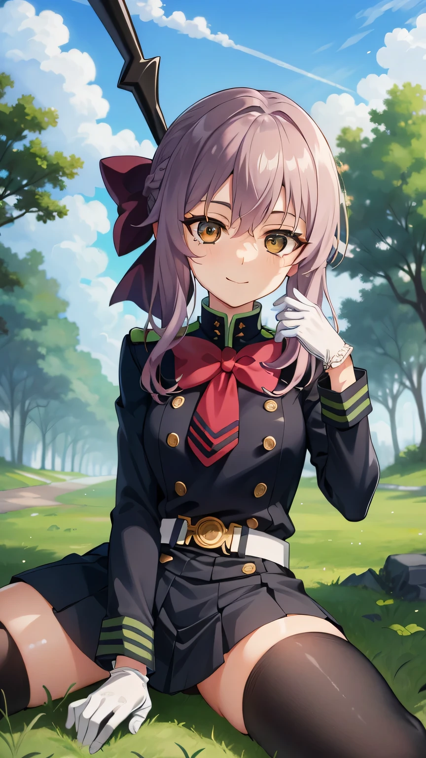 {{{masterpiece}}}, (best quality:1.5), (ultra-detailed:1.5), {illustration}, {{an extremely delicate and beautiful}}, (beautiful detailed eyes:1.6), absurdres, highres, extremely detailed face, 16k, hd, visual anime de uma jovem mulher, extremamente bonito rosto de anime, anime melhor garota, (perfect hands, perfect anatomy), anime face, Hiiragi Shinoa(Owari no Seraph), aashinoa,1girl, solo, cute face, purple hair, crown half up, very-short ponytail, (red hair bow:1.2), sidelocks, hair between eye, big eyes, (dark brown eyes:1.5), petite, medium breasts, big hips, curvaceous, BREAK, military uniform, black dress, double-breasted, tuck in, red bowtie, long sleeves, armband, white gloves, white belt, mini skirt, box pleated skirt, black skirt, green folds, black thighhighs, thighs, zettai ryouiki, BREAK, holding weapon, scythe, spread legs, standing, smiling, flushed cheeks, outdoor, sky, daytime, ruins, forest, field