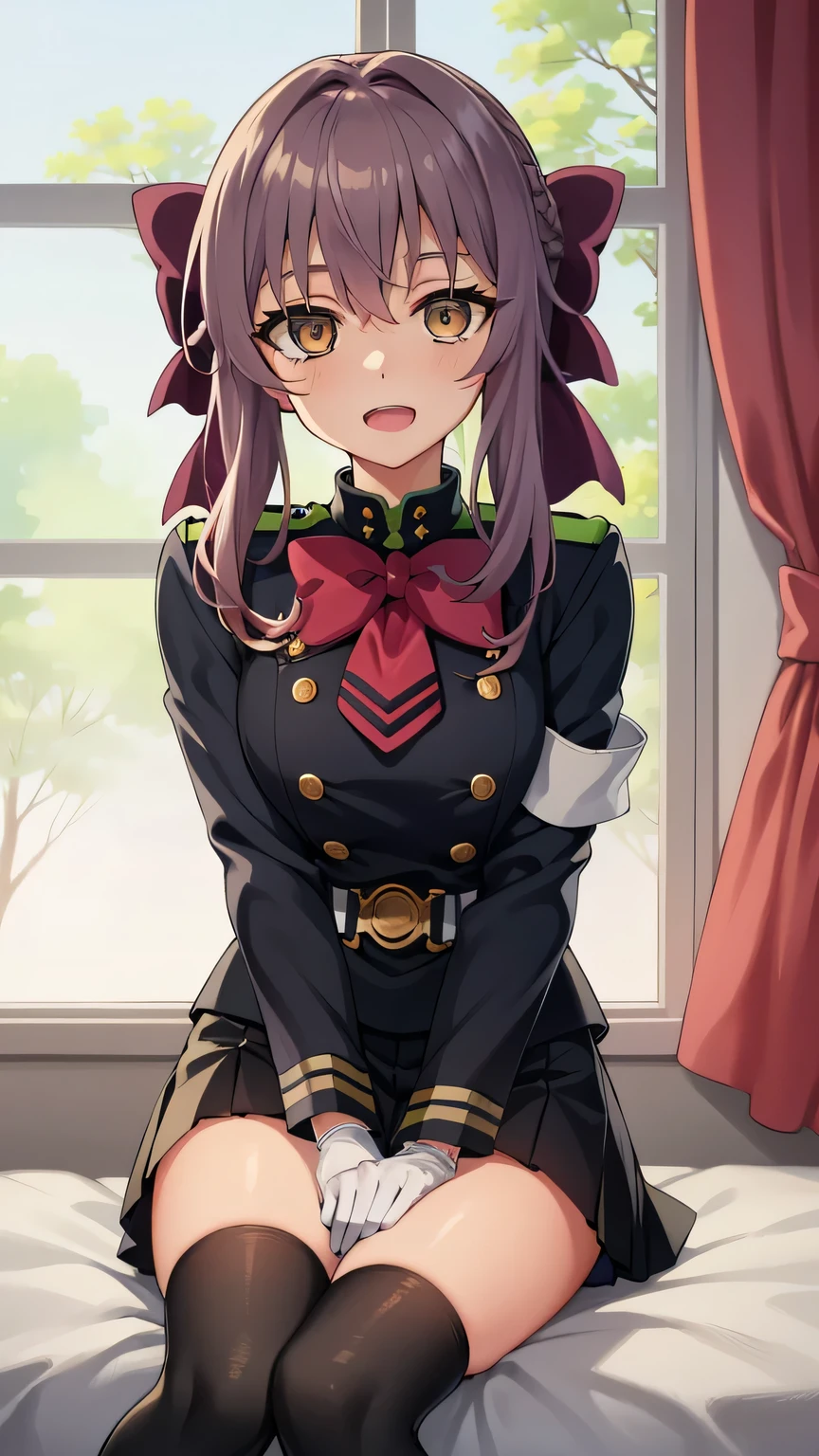 {{{masterpiece}}}, (best quality:1.5), (ultra-detailed:1.5), {illustration}, {{an extremely delicate and beautiful}}, (beautiful detailed eyes:1.6), absurdres, highres, extremely detailed face, 16k, hd, visual anime de uma jovem mulher, extremamente bonito rosto de anime, anime melhor garota, (perfect hands, perfect anatomy), anime face, Hiiragi Shinoa(Owari no Seraph), aashinoa,1girl, solo, cute face, purple hair, crown half up, (red hair bow:1.2), sidelocks, hair between eye, big eyes, (dark brown eyes:1.5), petite, medium breasts, big hips, curvaceous, BREAK, military uniform, black dress, double-breasted, tuck in, red bowtie, long sleeves, black sleeves, armband, white gloves, white belt, mini skirt, box pleated skirt, black skirt, green folds, black thighhighs, thighs, zettai ryouiki, BREAK, night, indoor, bedroom, on the bed, window, moonlight, open mouth, smiling, confession, embarrassed, flushed cheeks,from front, looking at viewer, dark room, covering chest by one hand, knees together feet apart, sit