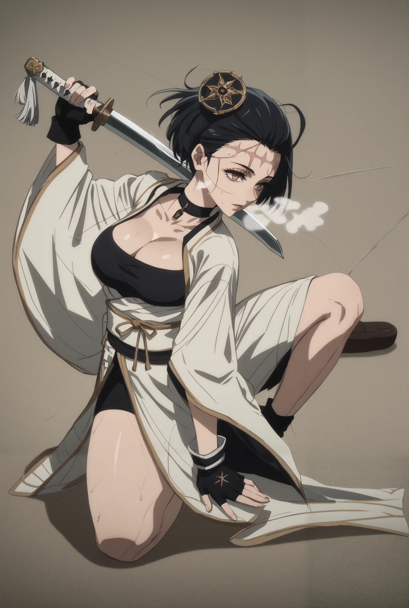 score_9, score_8_up, score_7_up, score_6_up, uncensored, KaoriItadoriSDXL, short hair, brown eyes, black hair, large breasts, scar on face, bright pupils, anime coloring, anime screencap, (voluptuous:1.3), (thick:1.3), BREAK UHD, retina, masterpiece, accurate, anatomically correct, textured skin, super detail, high details, high quality, award winning, best quality, highres, 4K, excessive sweating, sweating, sweating drop, (gasping, heavy breathing:1.3), (skindentation:1.2), perfect eyes, beautiful eyes, eyelashes, makeup, detailed body, perfect body, BREAK, 1girl, solo, rating:safe, cleavage, sword, choker, gloves, fingerless_gloves, sketch, one_knee, kneeling, japanese_clothes, kimono, katana, tinted,